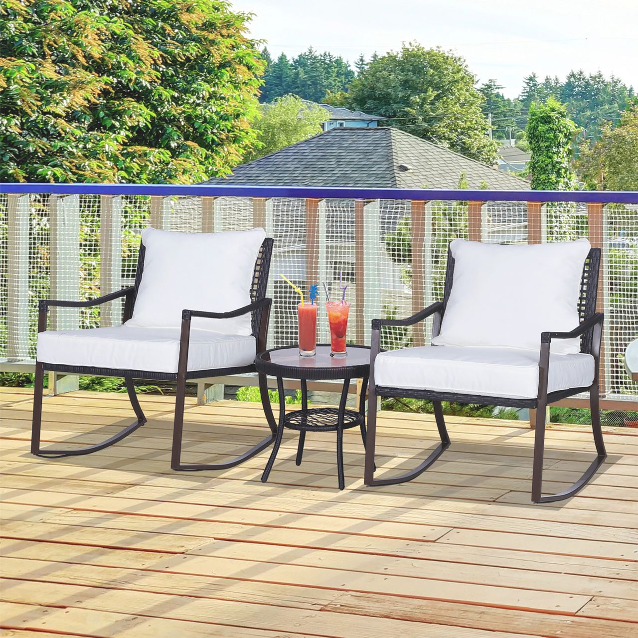 Outsunny Gartengarnitur Schaukelstuhl Set Lounge 3 tlg. Rattan Braun