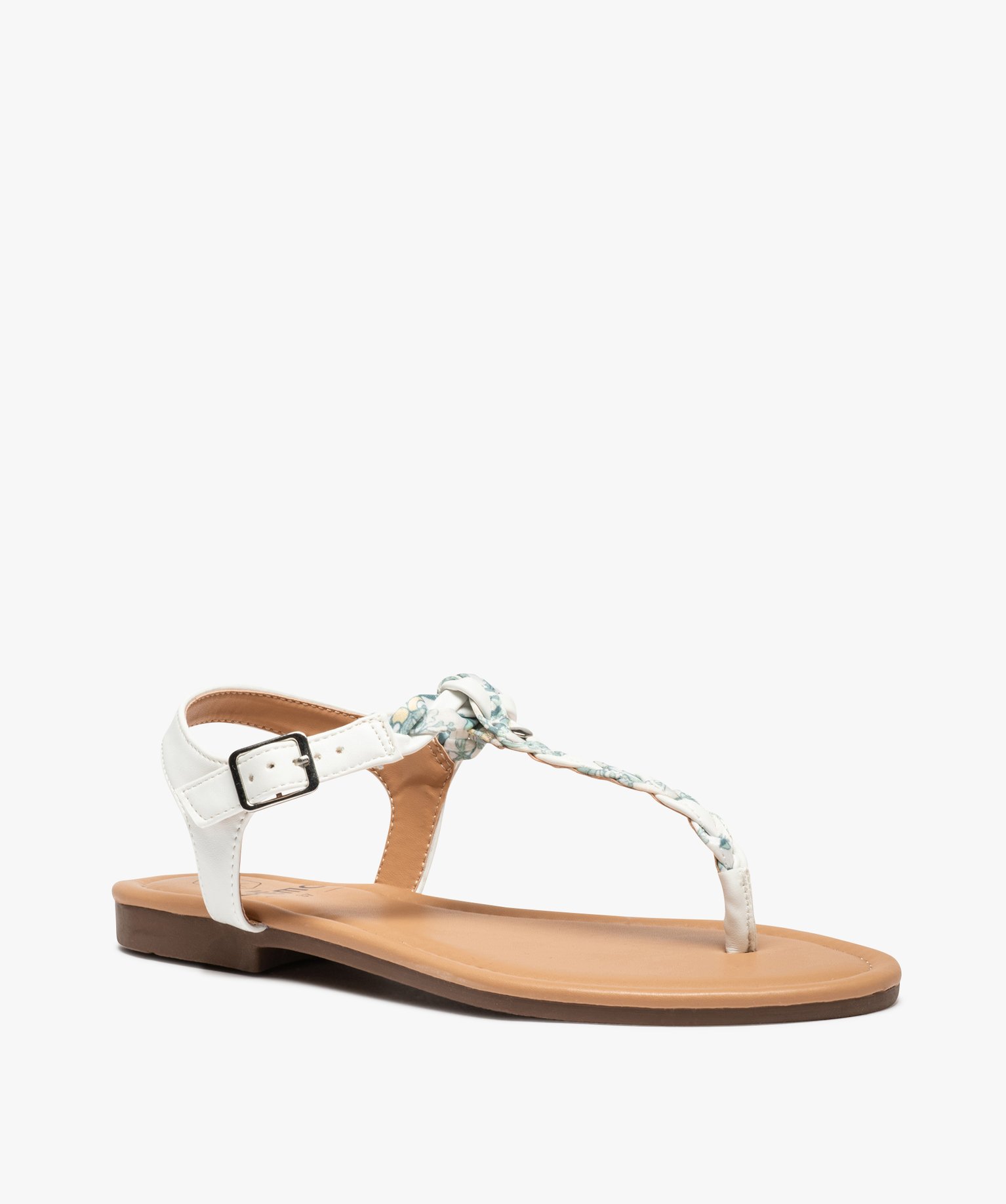 Sandales femme à talon plat et entre-doigts tressé blanc | GEMO