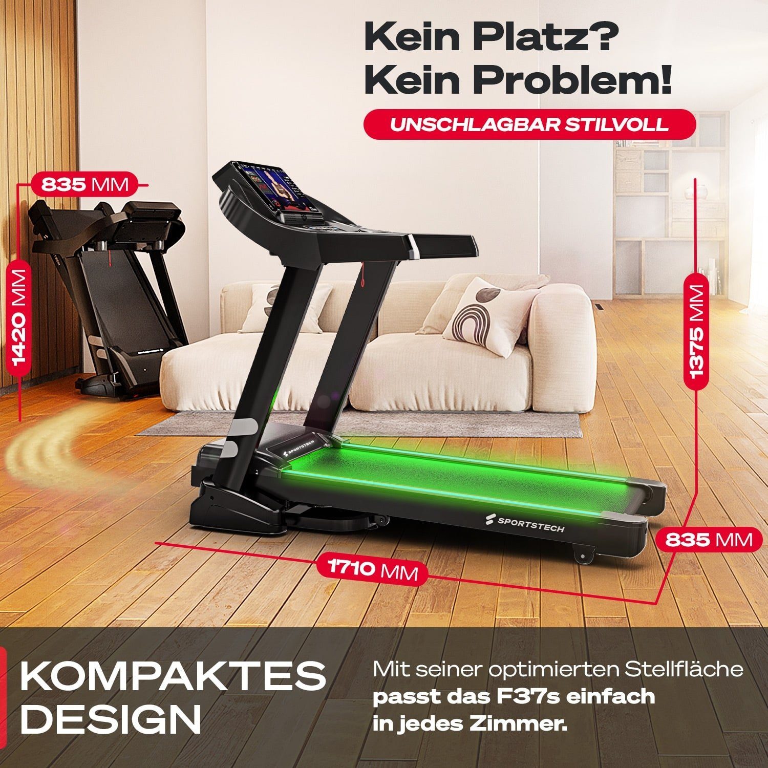 Sportstech Laufband F37s, Selbstschmiersystem,APP Kinomap, 7PS bis 20 km/h