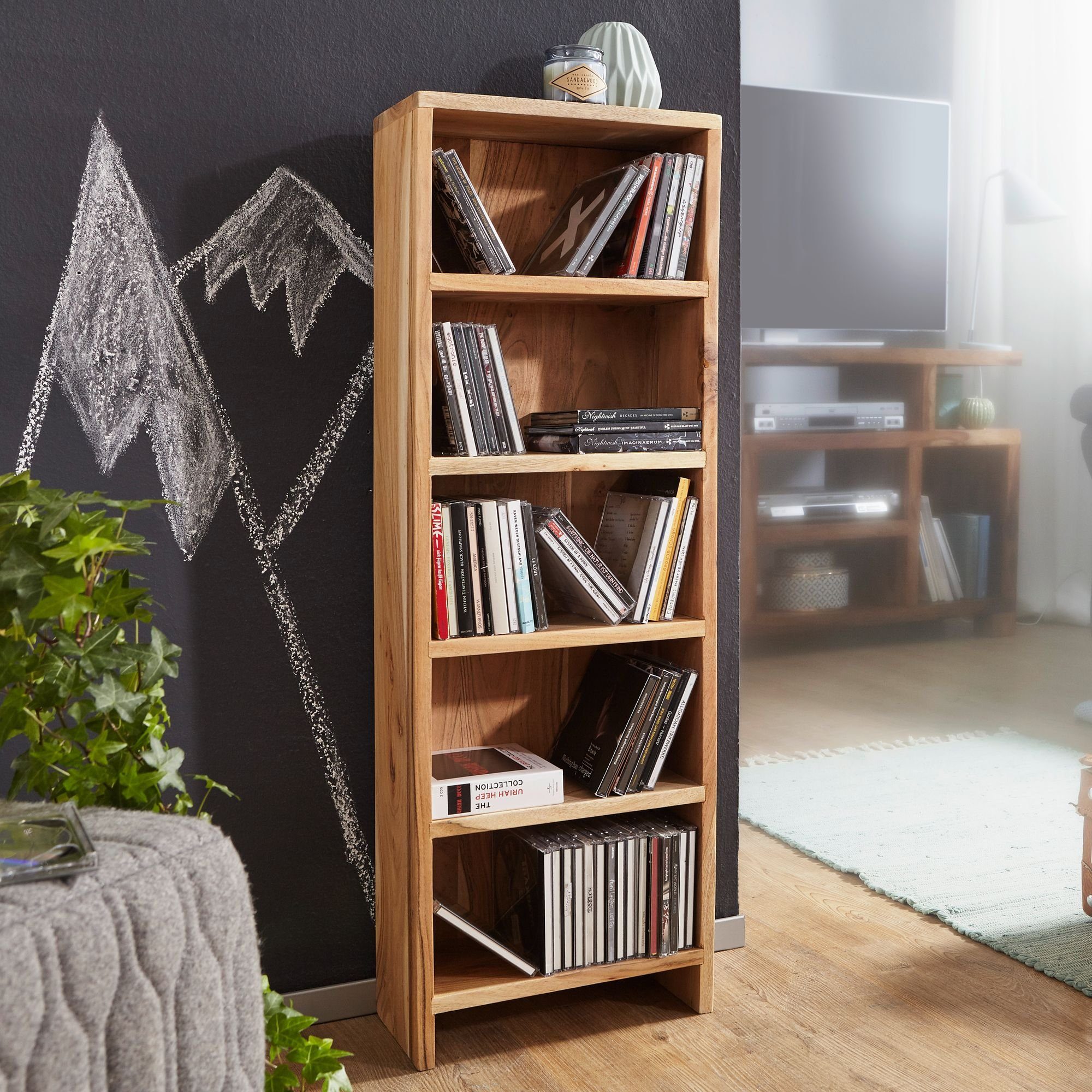 Wohnling CD-Regal WL1.764, Akazie Massivholz 90 cm, Standregal für CDs, CD-Aufbewahrung 5 Fächer, Bücherregal Landhausstil