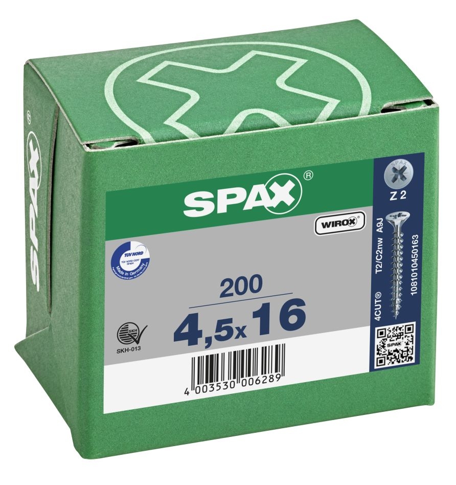 SPAX 1081010450163 Βίδα γενικής χρήσης 4,5 x 16 mm, Πλήρες σπείρωμα, Κεφαλή με φρεζάτη κεφαλή, Κεφαλή Phillips Z2 - 200 τεμάχια
