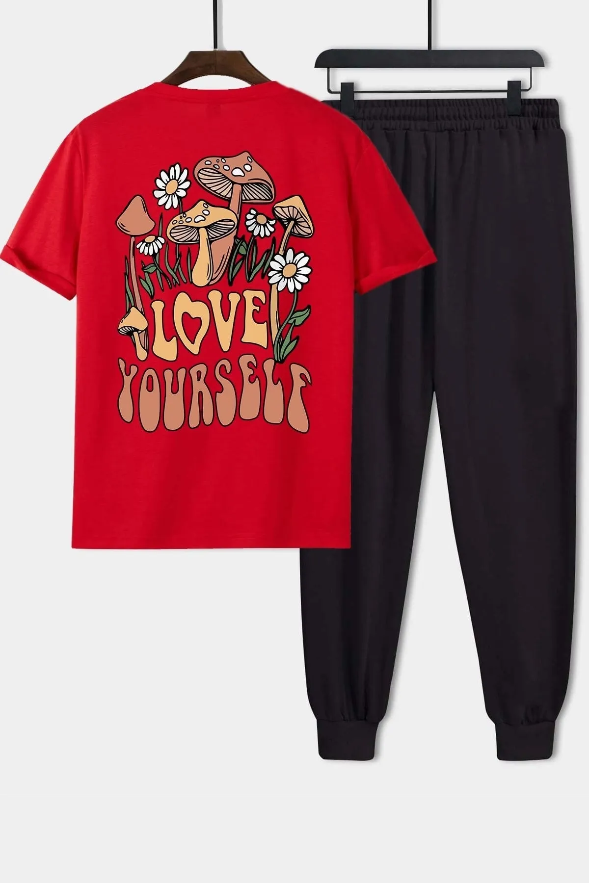 uyguntarz  Bedrucktes zweiteiliges Unisex-Trainingsanzugset „Love Yourself“.