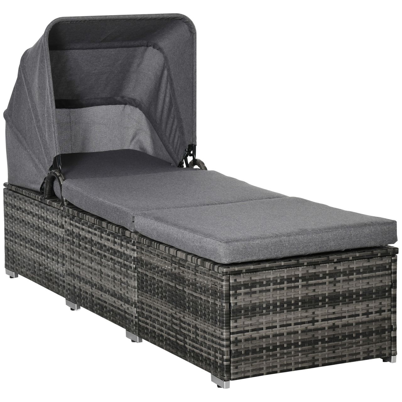 Outsunny Sonnenliege aus Polyrattan mit Sonnendach Gartenliege verstellbar Rattanliege Gartenmöbel Liege mit Kissen Grau 195 x 65 x 40 cm
