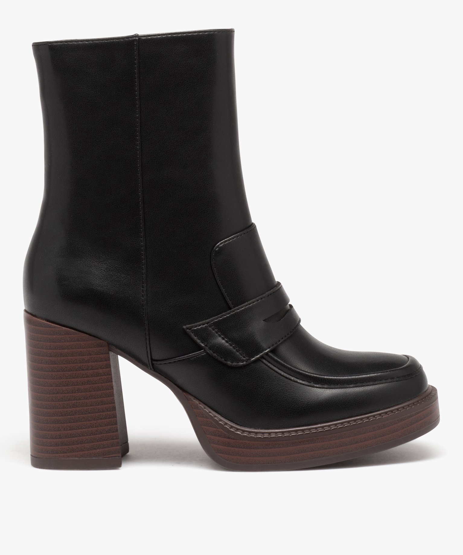 Boots à talon haut et épaisse semelle look mocassins femme noir | GEMO