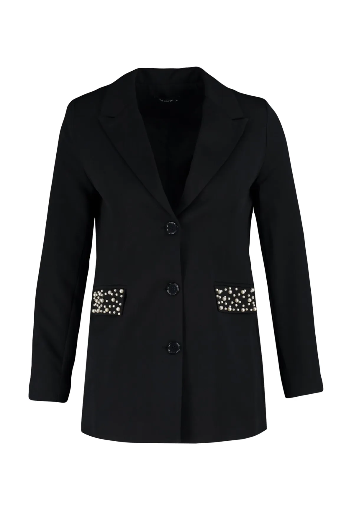 Trendyol Modest  Schwarze, gewebte, gefütterte Jacke mit Perlendetail auf der Tasche TCTSS23CK00096