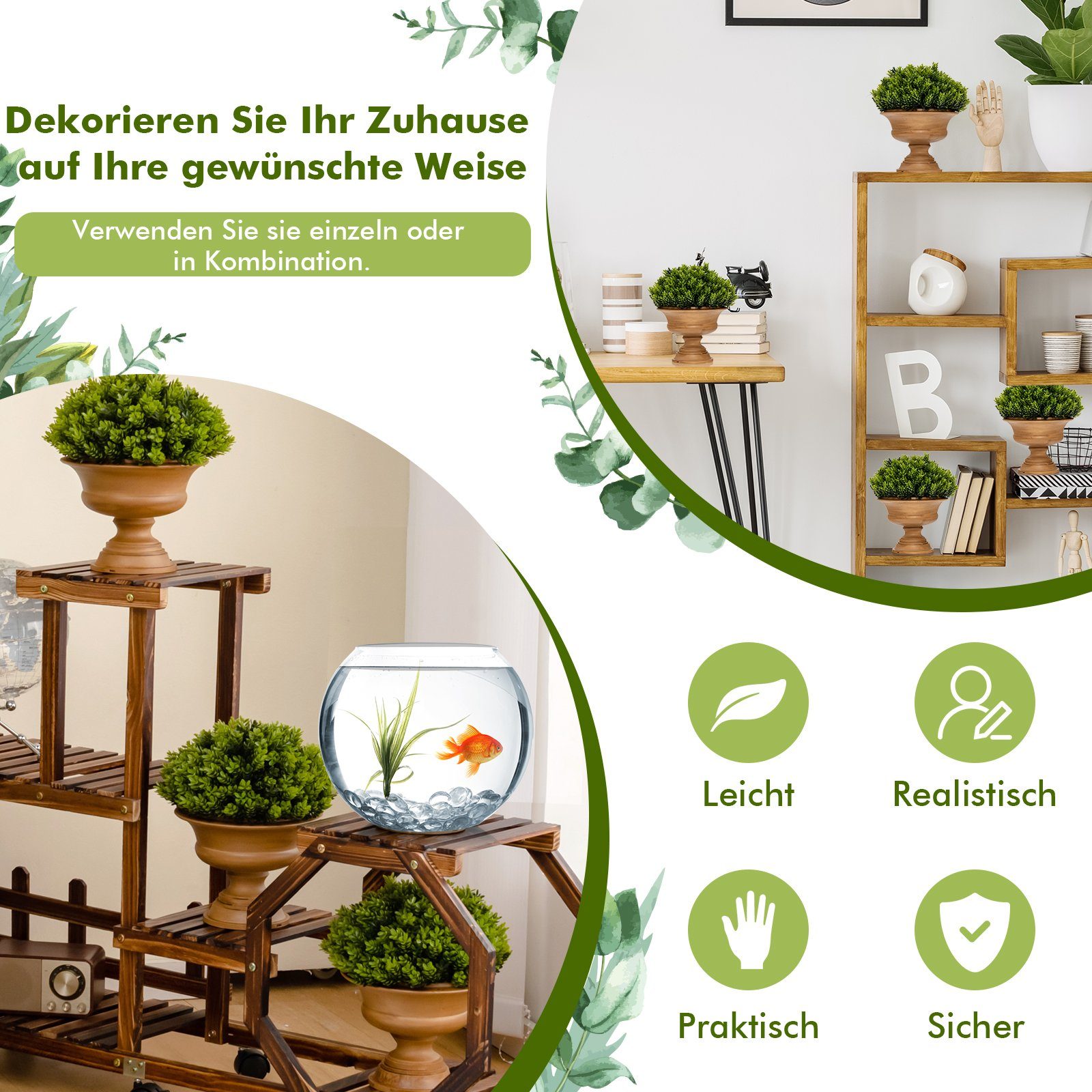 Kunstpflanze, COSTWAY, Höhe 30 cm, 4er Set Mini Künstliche Pflanzen mit Topf