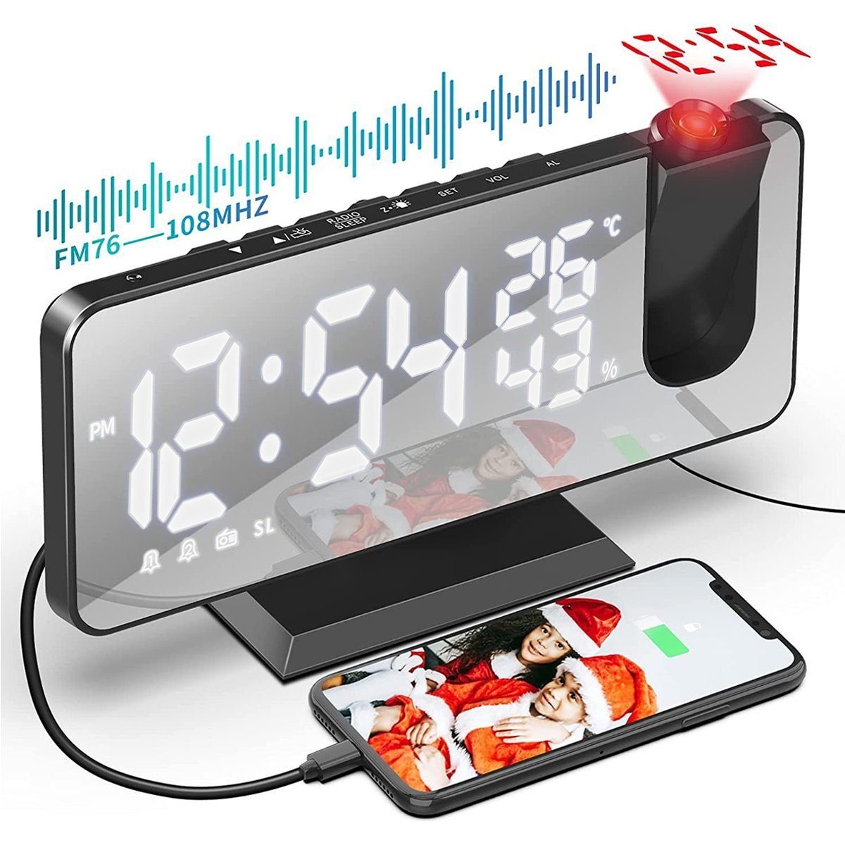 DOPWii Wecker Projektionswecker,32 FM-Radio mit Projektion 180 °