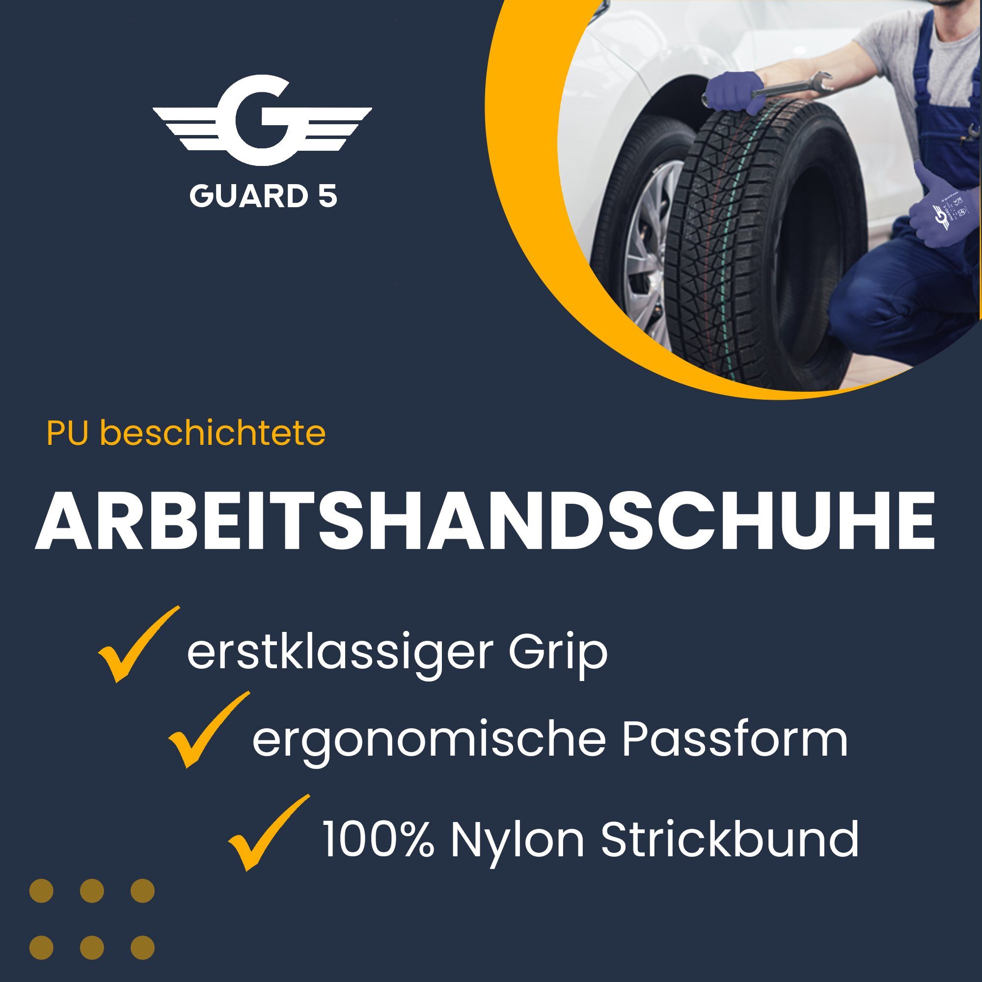 GUARD 5 Arbeitshandschuhe - 12 oder 24 Paar Arbeitshandschuhe mit PU-Beschichtung (Art.11323G) atmungsaktiv