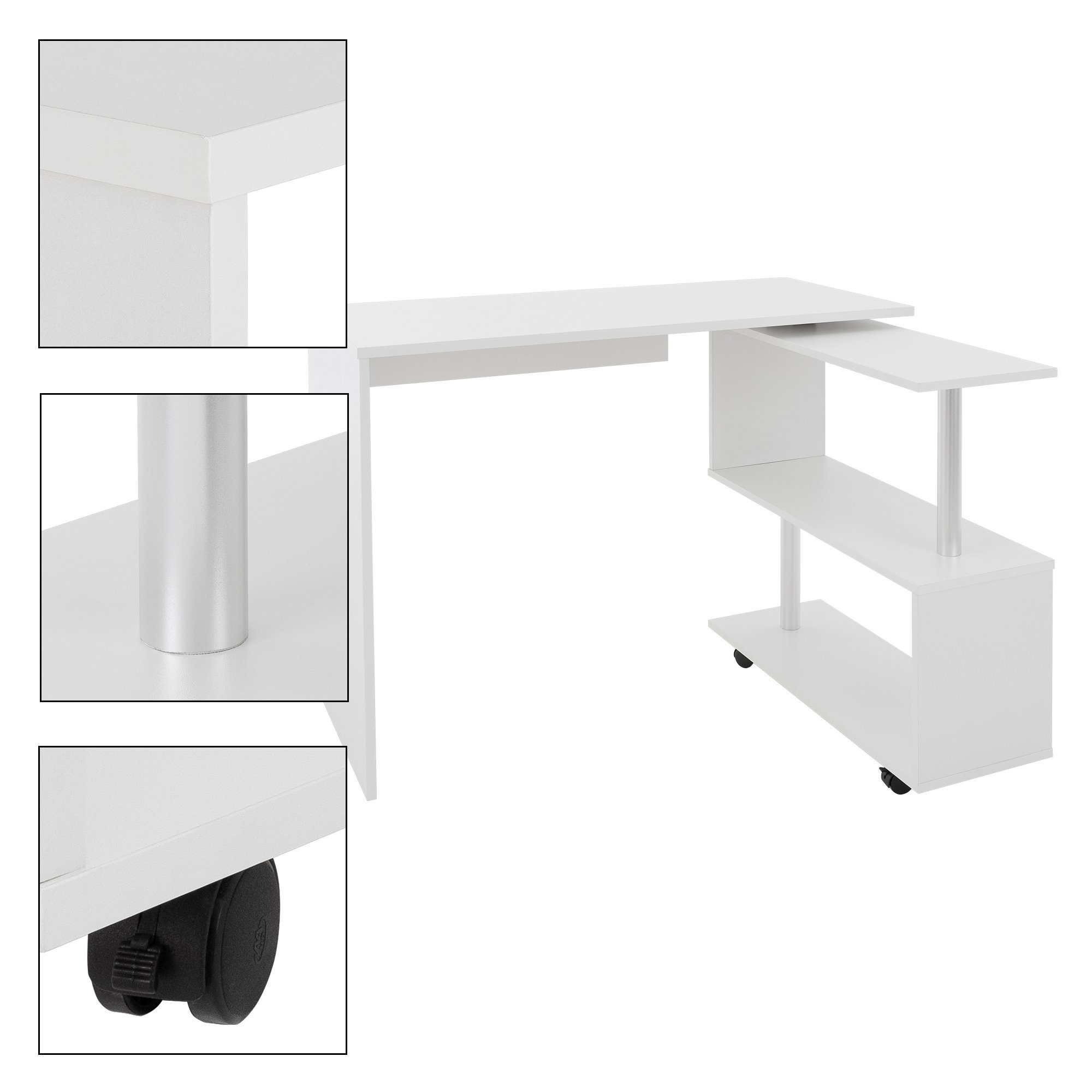 ML-DESIGN Schreibtisch Eckschreibtisch L-Form Arbeitstisch Bürotisch Computertisch PC Tisch, Drehbar mit 4 Rädern Weiß glänzend 150x88x75cm für Heim und Büro