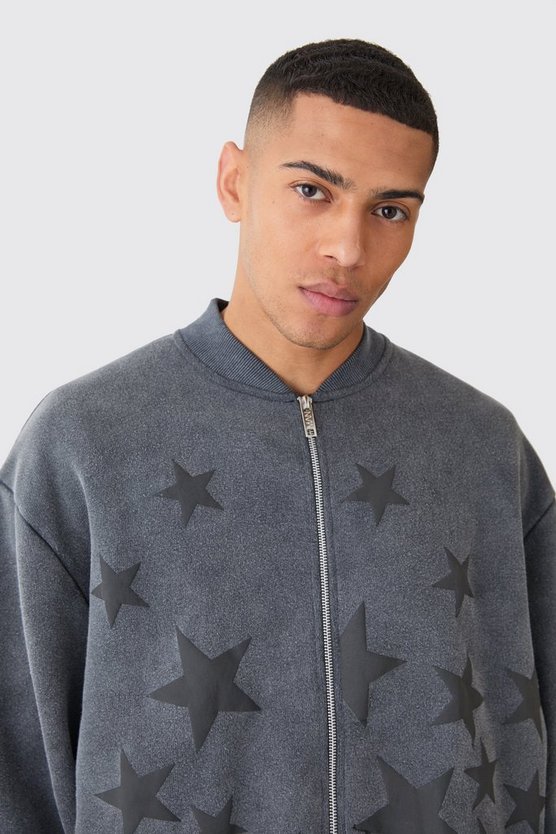 Kastige Oversize Jersey-Bomberjacke mit Acid-Waschung und Sternen-Applikation