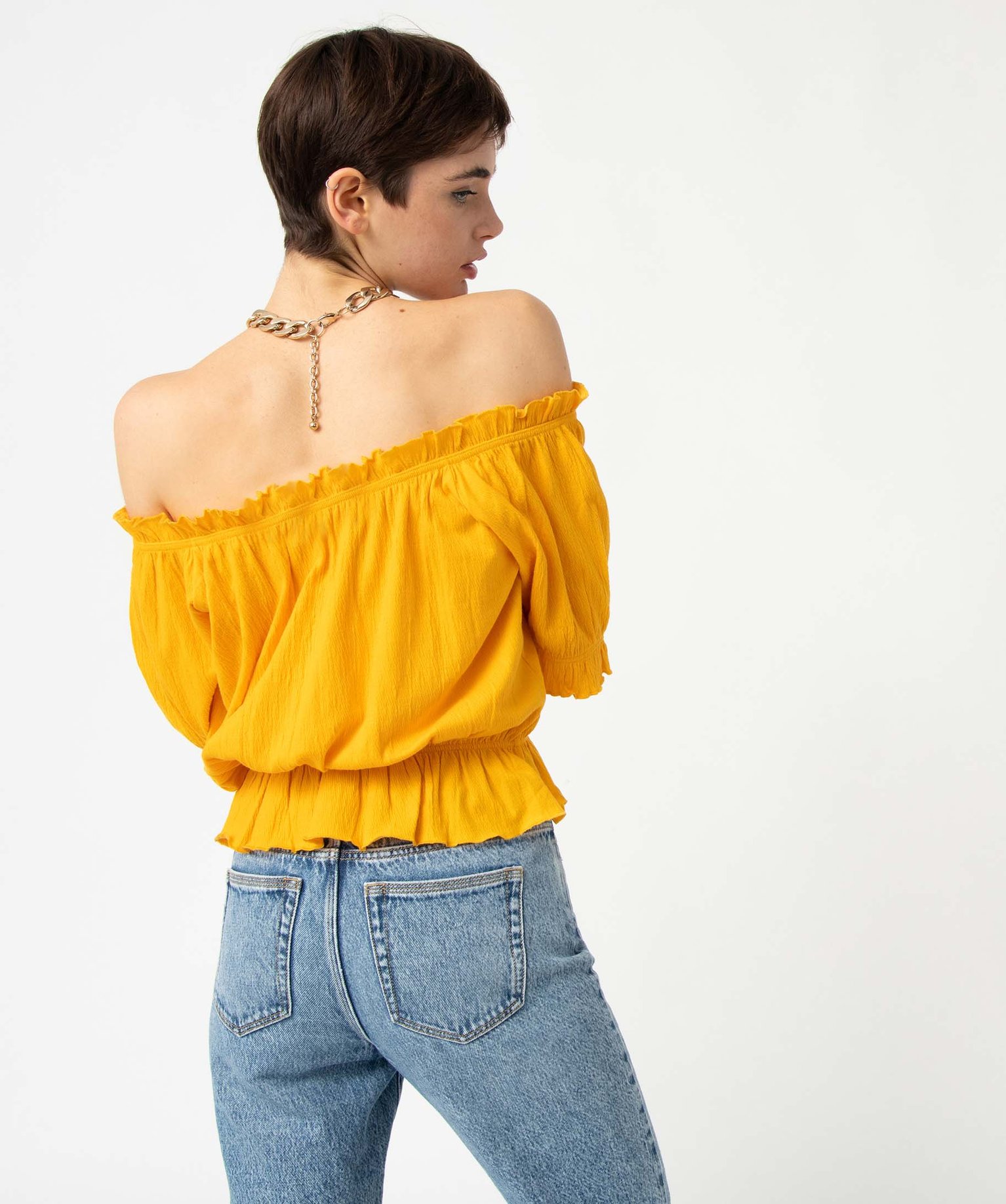 Tee-shirt femme à manches courtes avec finitions froncées jaune | GEMO