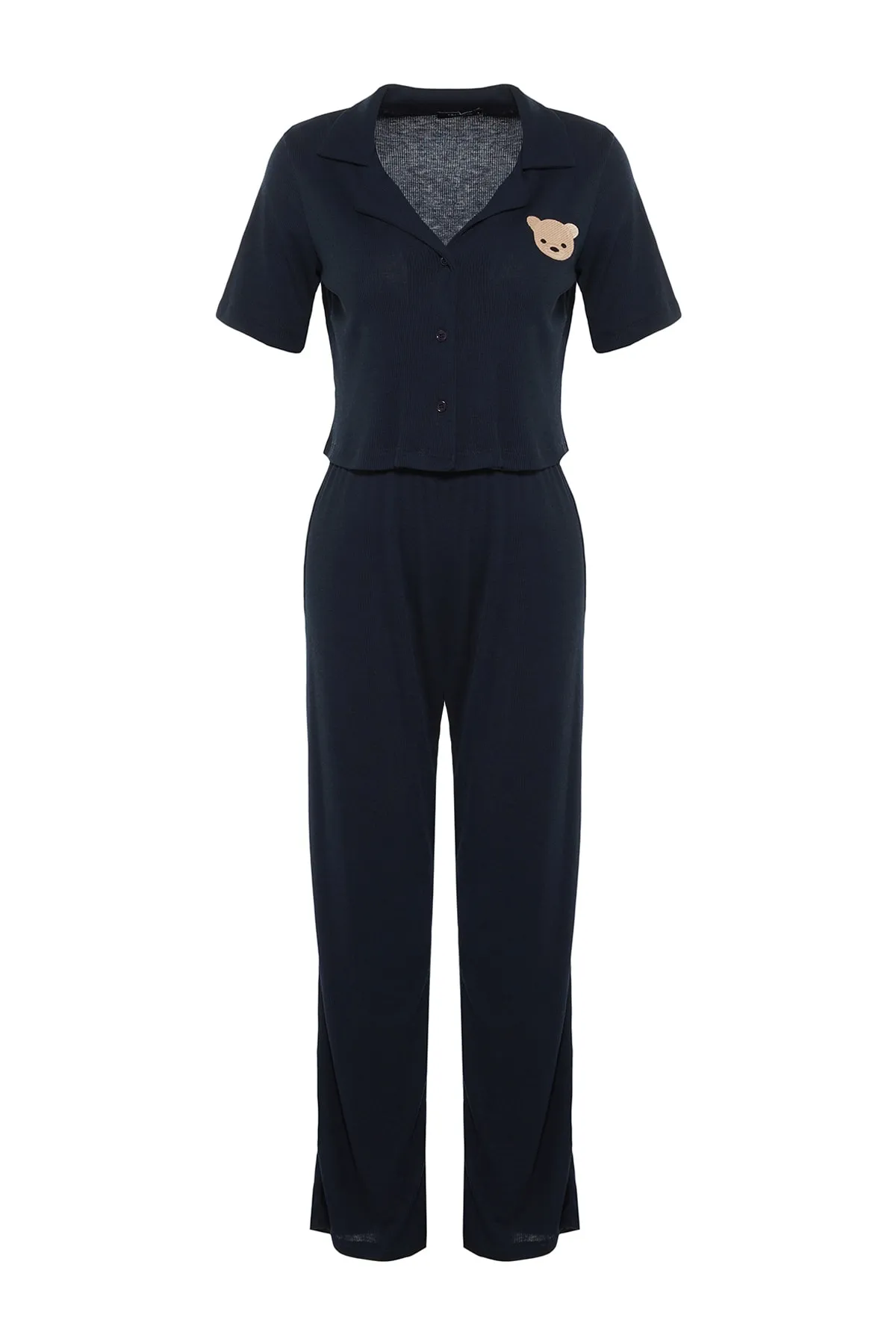 Trendyol Collection  Marineblaues Pyjama-Set aus geripptem Hemd und Hose mit Teddybär-Stickerei THMSS21PT0168