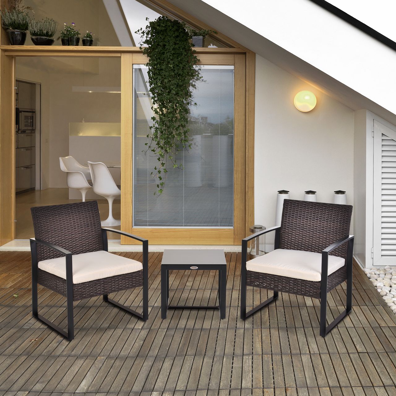 Outsunny Polyrattan Gartenset 3 tlg. Balkonmöbel Set mit Kissen Braun Creme