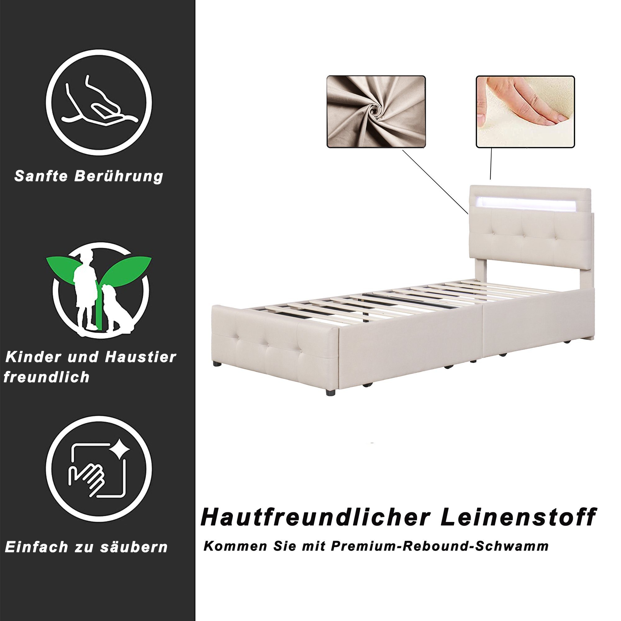 Flieks Polsterbett, LED Beleuchtung Einzelbett 2 Schubladen Leinen 90*200cm
