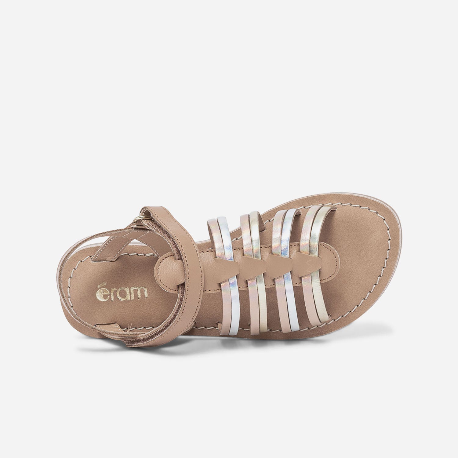 Sandale camel en cuir à brides cuivré, argent et or