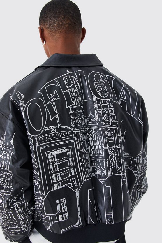 Kastige PU-Bomberjacke mit Stickerei