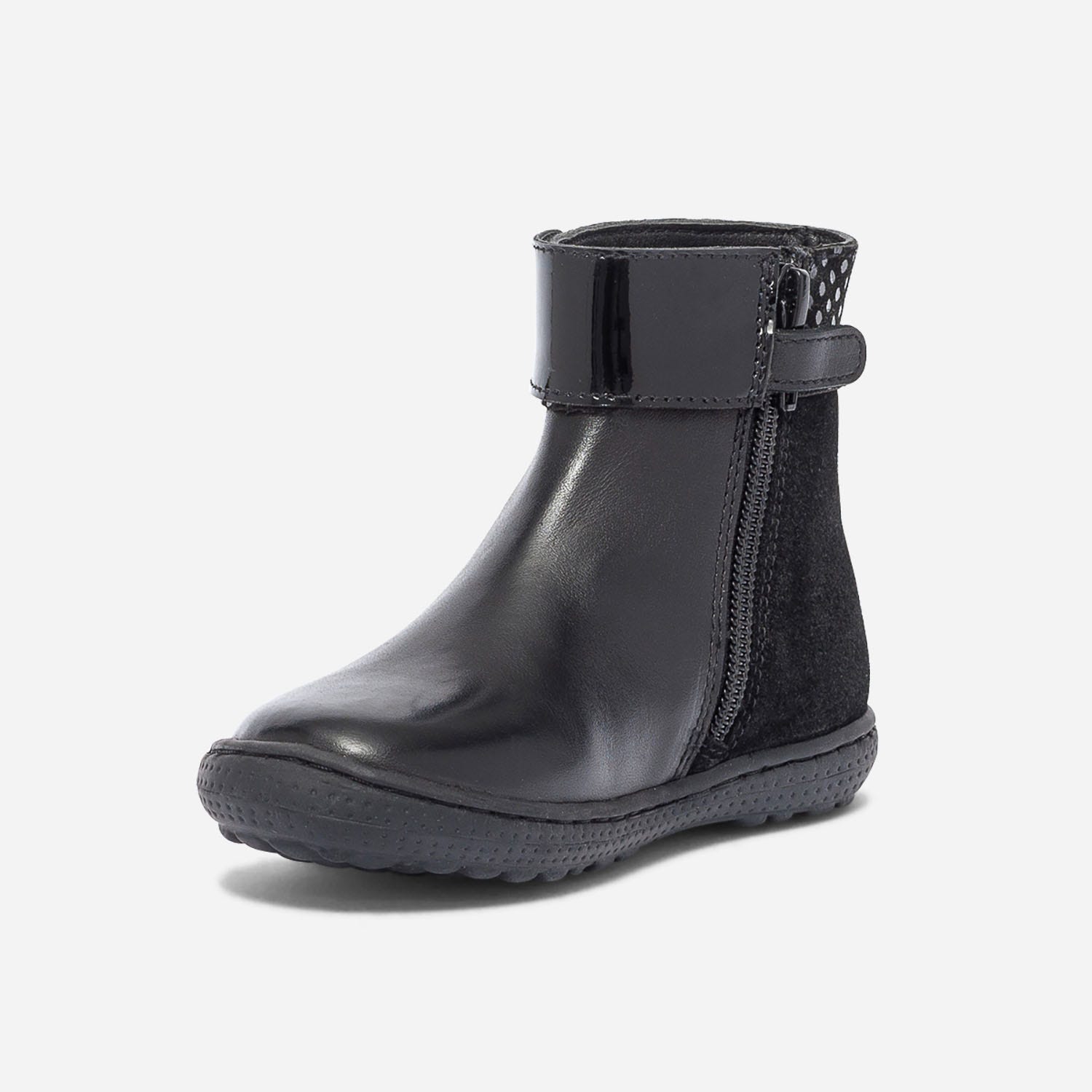 Boots noir bi matière à boucle vernie