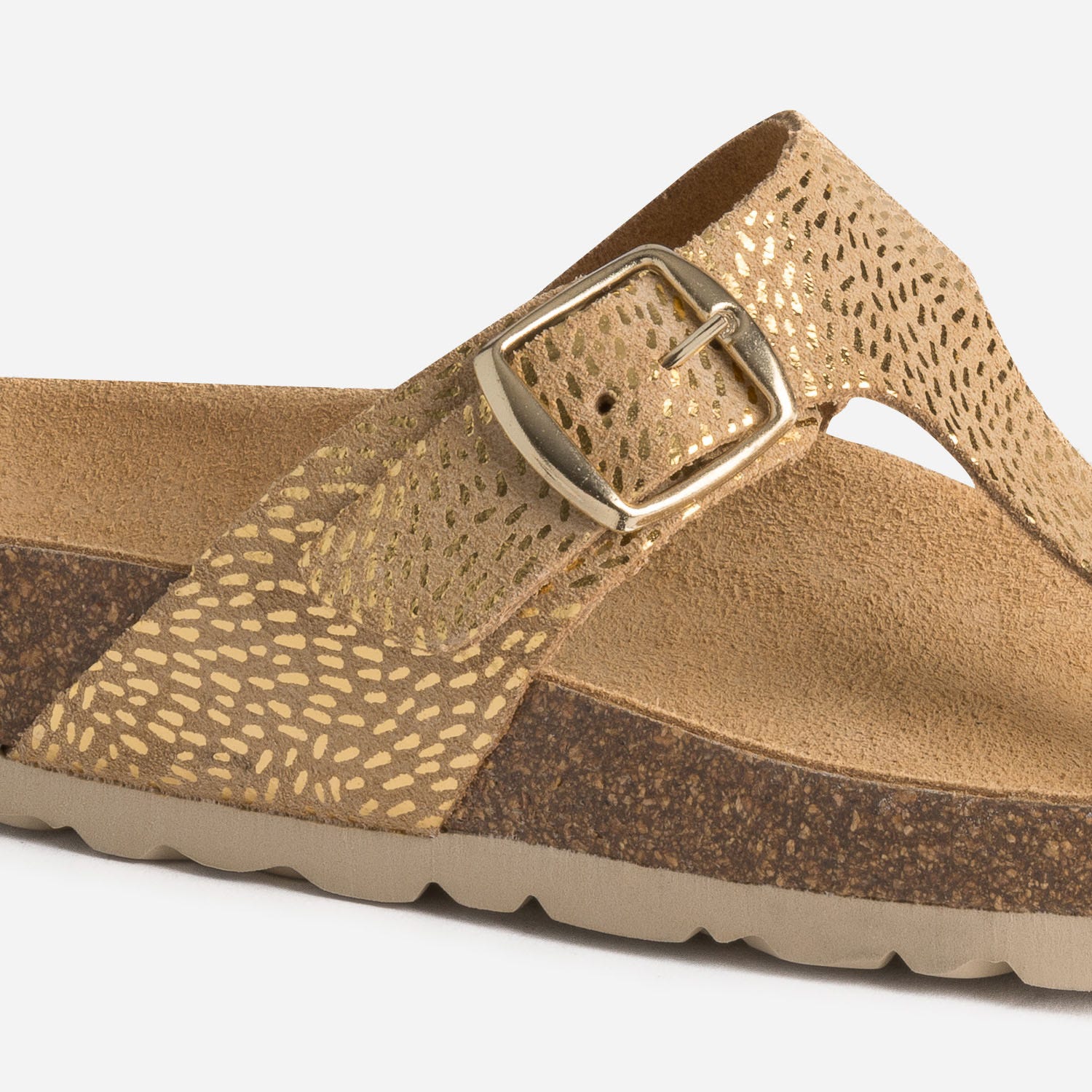 Tong anatomique beige en cuir velours détails dorés