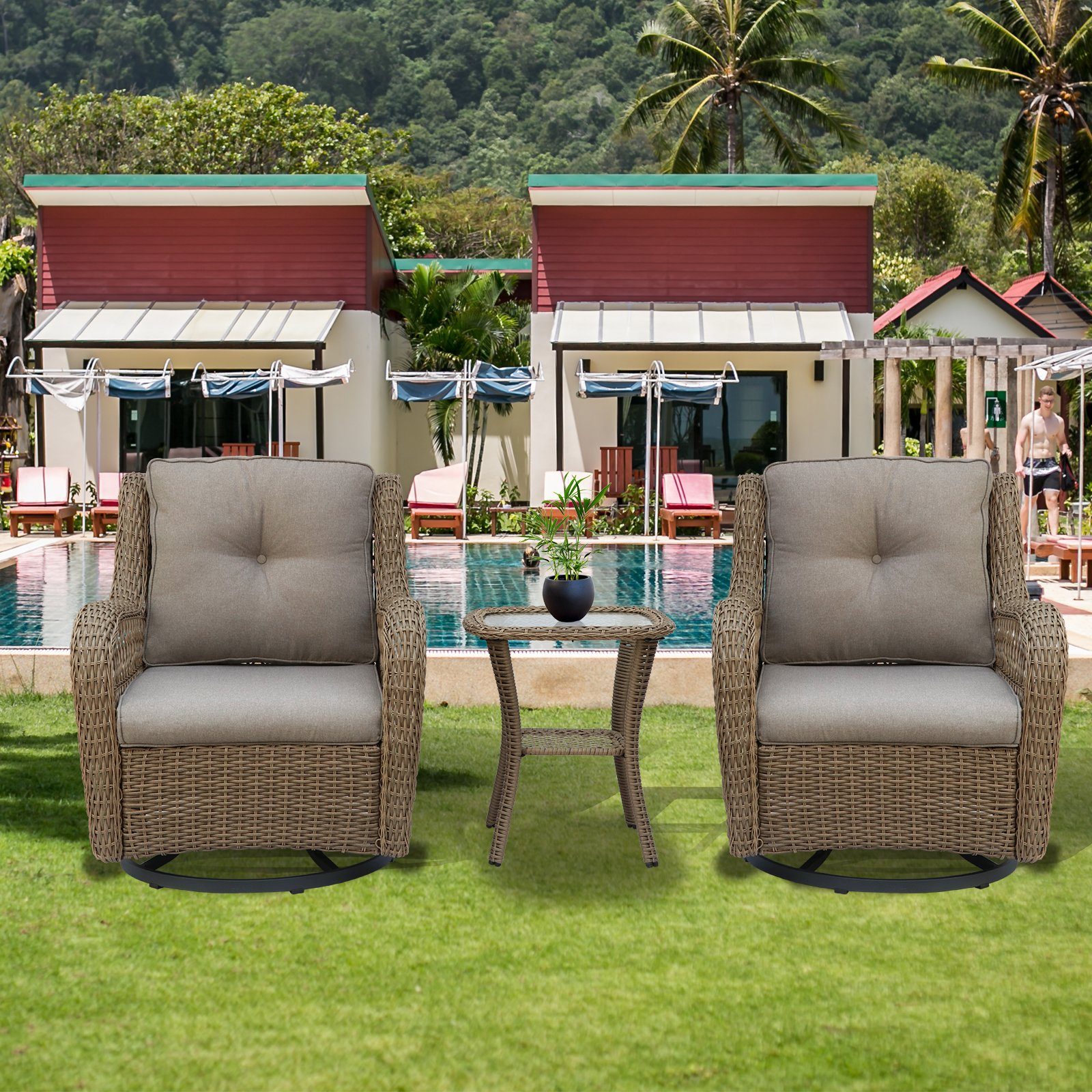 BIGTREE Rattanstuhl 3tlg.Drehbarer Sofasessel+Doppelter Tisch, 2 Farben