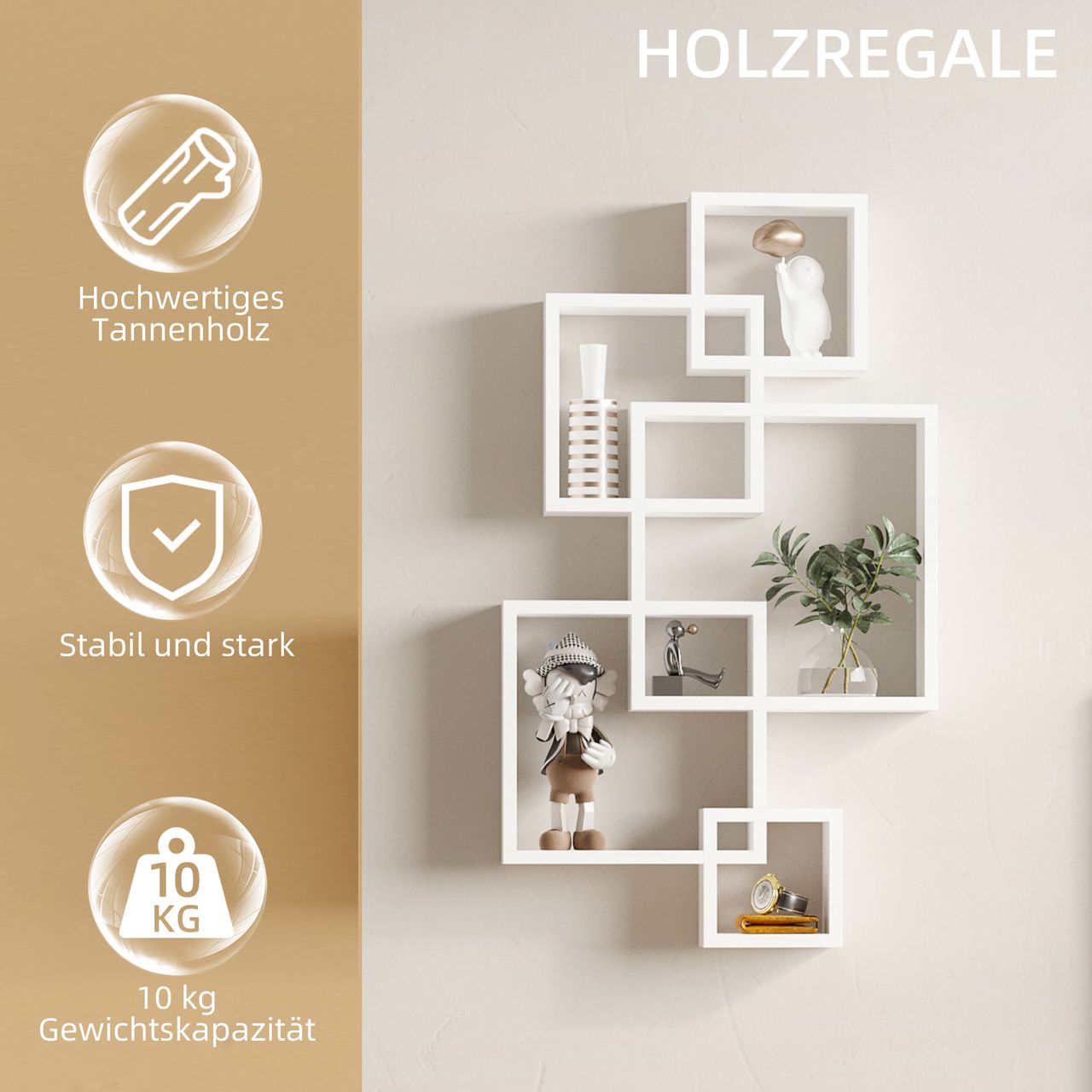 HOMCOM Wandregal Schweberegal Wandboard mit 5 ineinandergreifenden Würfel, 9 Fächer, Wanddeko für Wohnzimmer Schlafzimmer Tannenholz Weiß 49,5 x 10,2 x 86 cm
