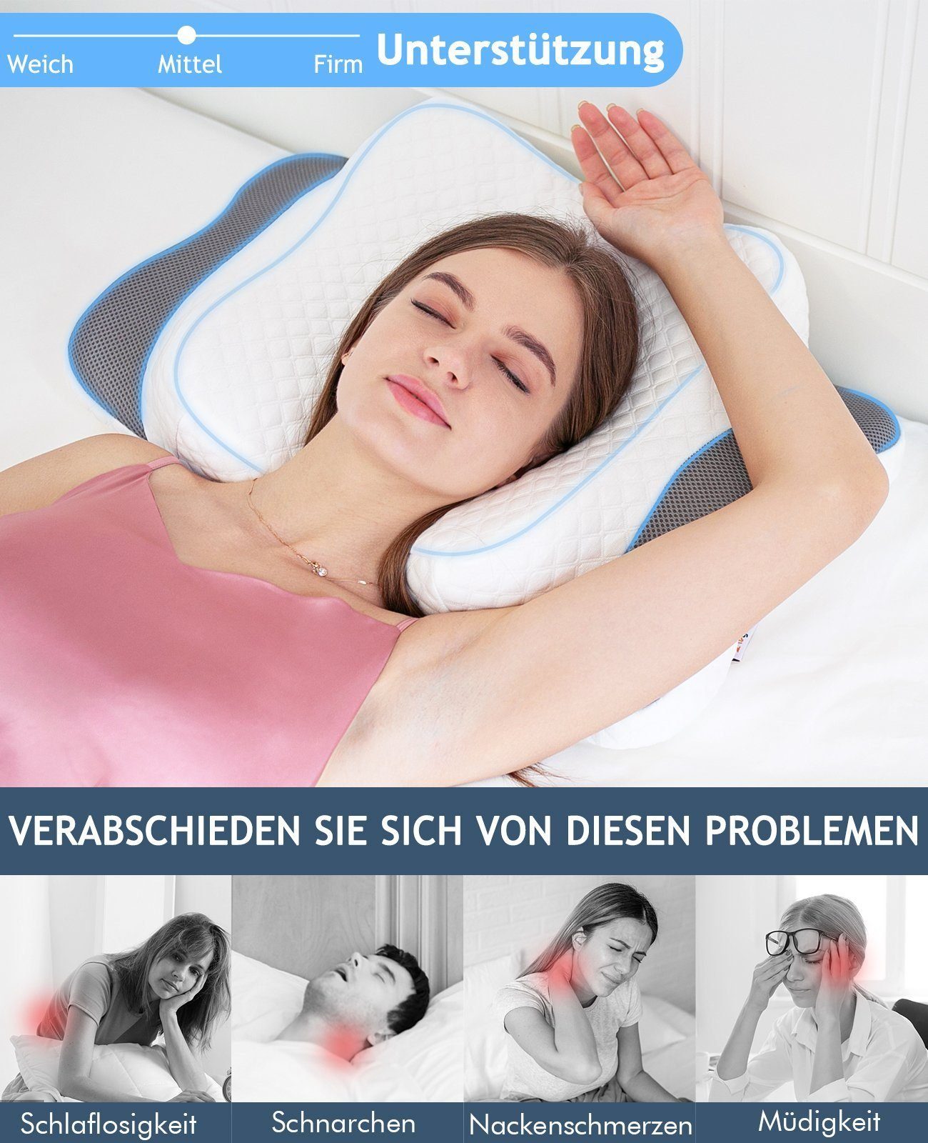 Nackenstützkissen 60X38cm Kopfkissen aus Memory Schaum, höhenverstellbare Schlafkissen, Elegear, Füllung: Memory-Foam, Rückenschläfer, Seitenschläfer, Bauchschläfer, gegen Nackenschmerzen