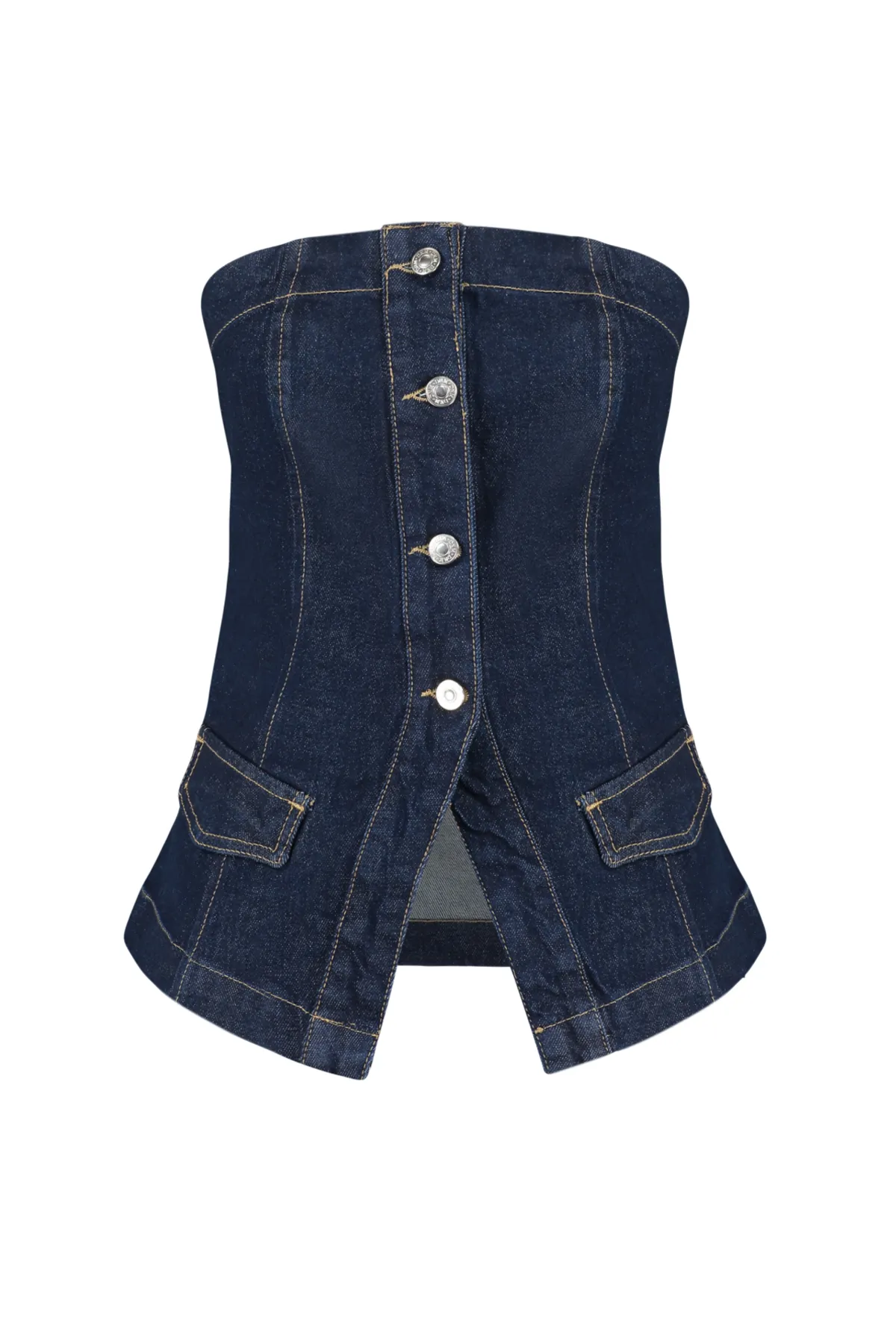 Trendyol Collection  Blaues, vorne geknöpftes, trägerloses Denim-Bustier TWOSS24BS00005