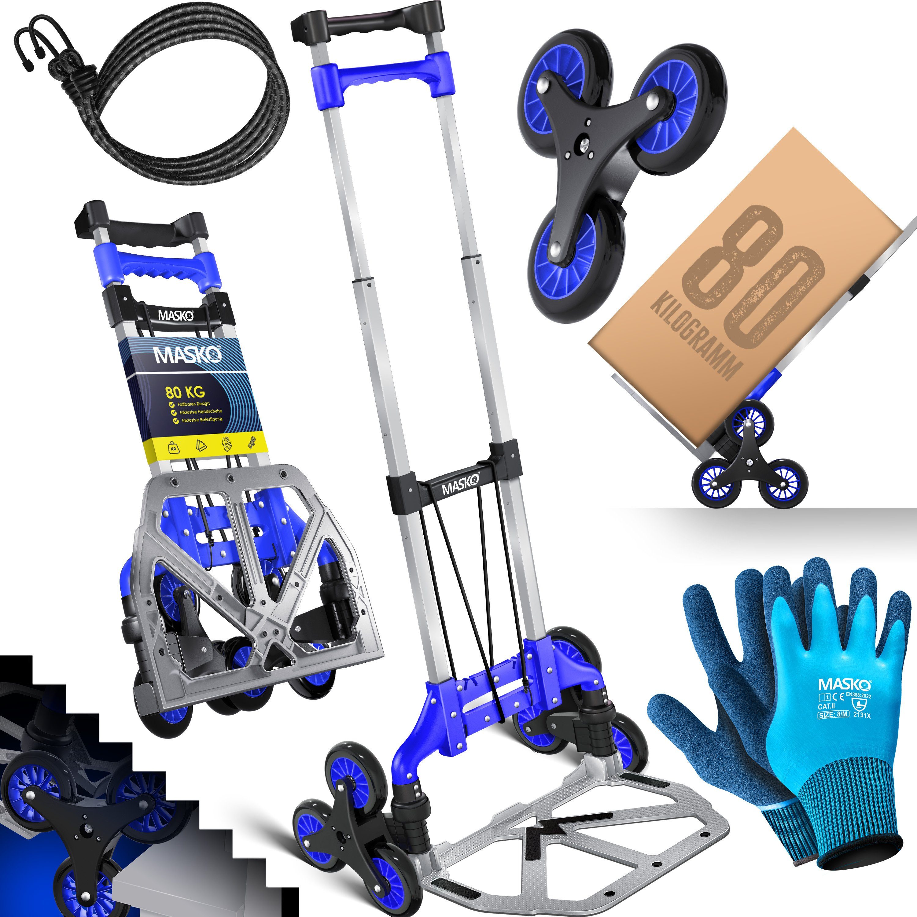 MASKO Sackkarre, Stufen-Sackkarre Treppenkarre Klappbar 80 kg Tragkraft 3x3