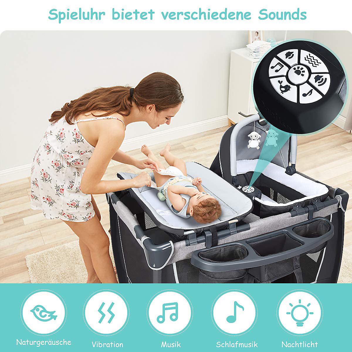 Reisebett inkl. Wickelauflage, Matratze, Spieluhr, Spielzeug