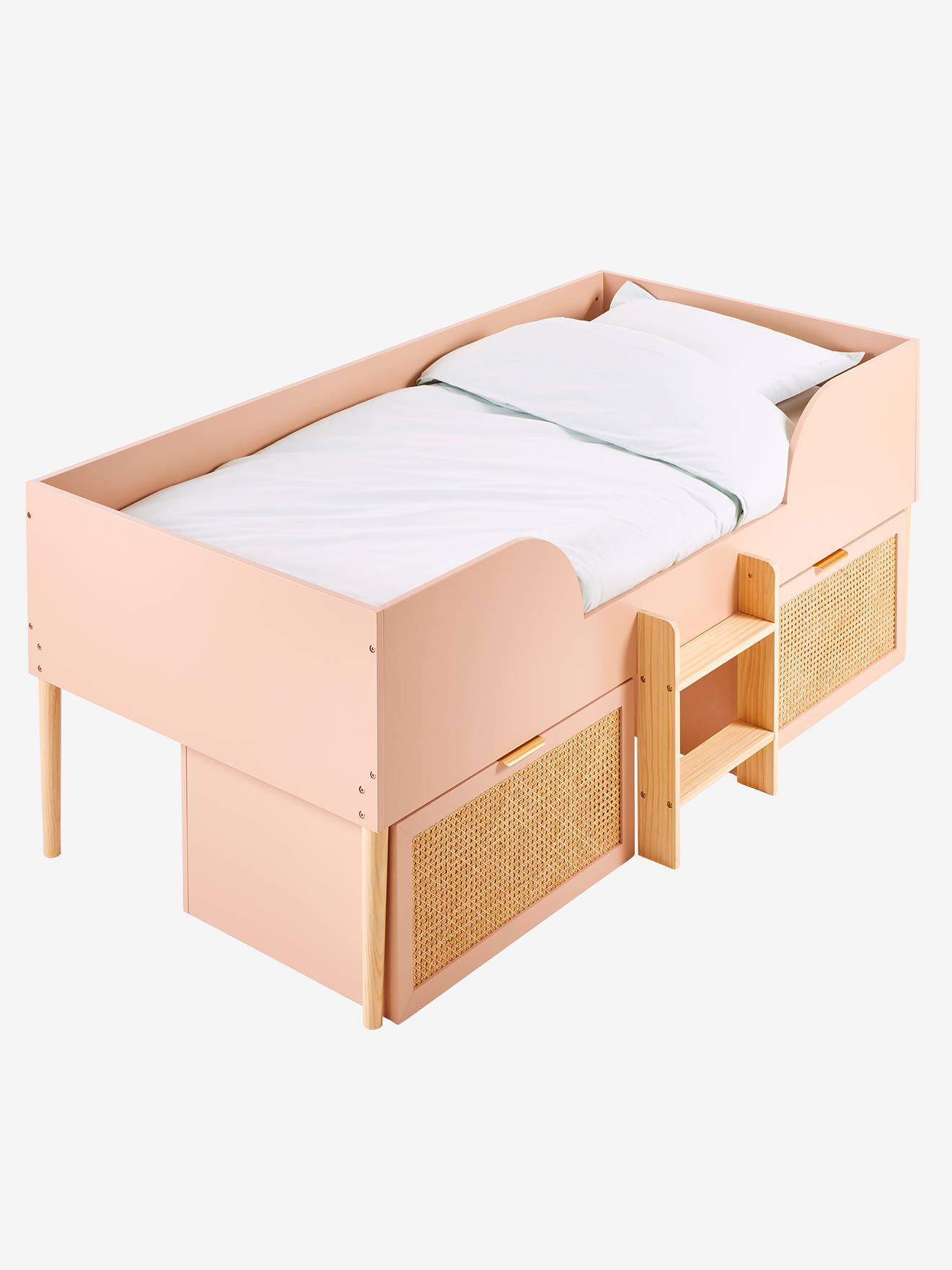 Vertbaudet Kinder Hochbett POESIE, Schubladen mit Rattan - rosa/natur
