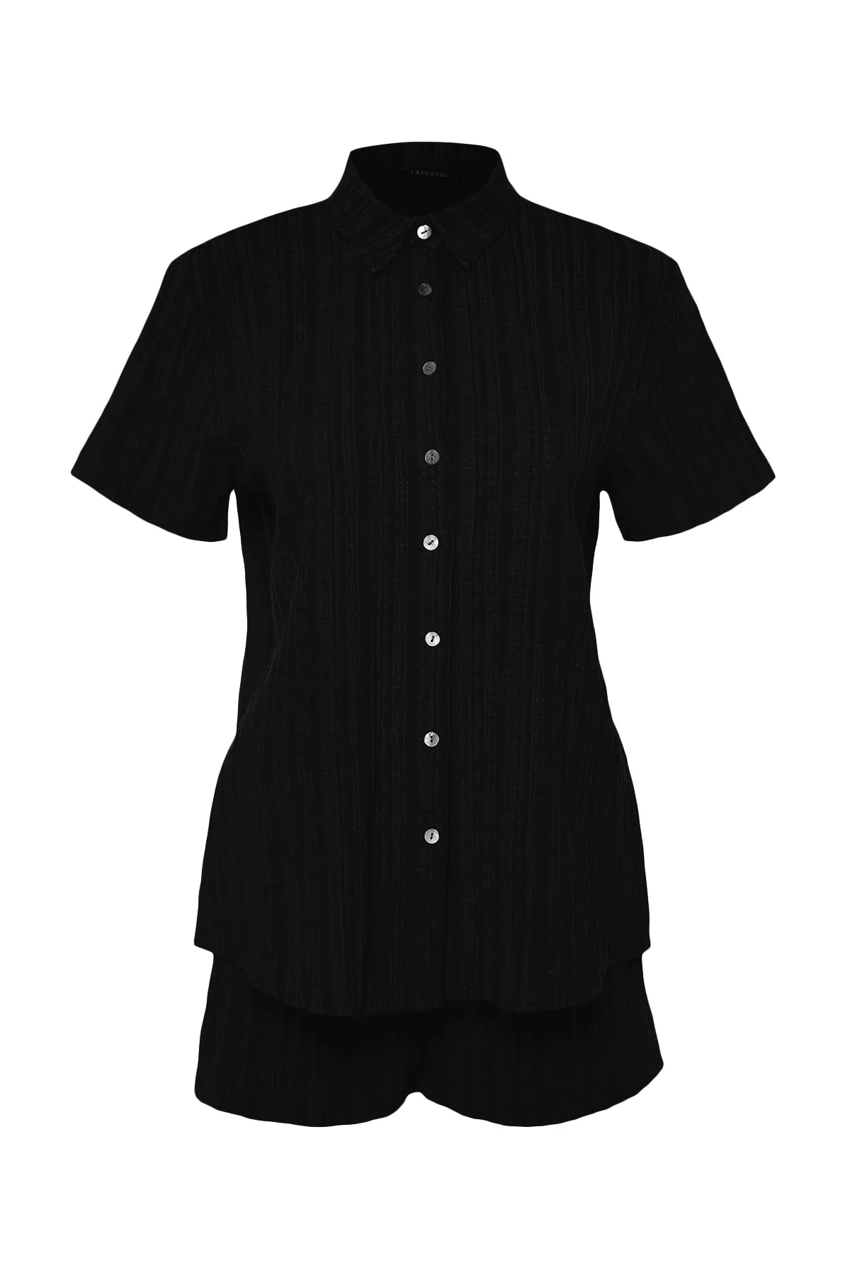 Trendyol Collection  Schwarzes Hemd-Shorts-Set aus gewebtem Leinengemisch TBESS23AU00054