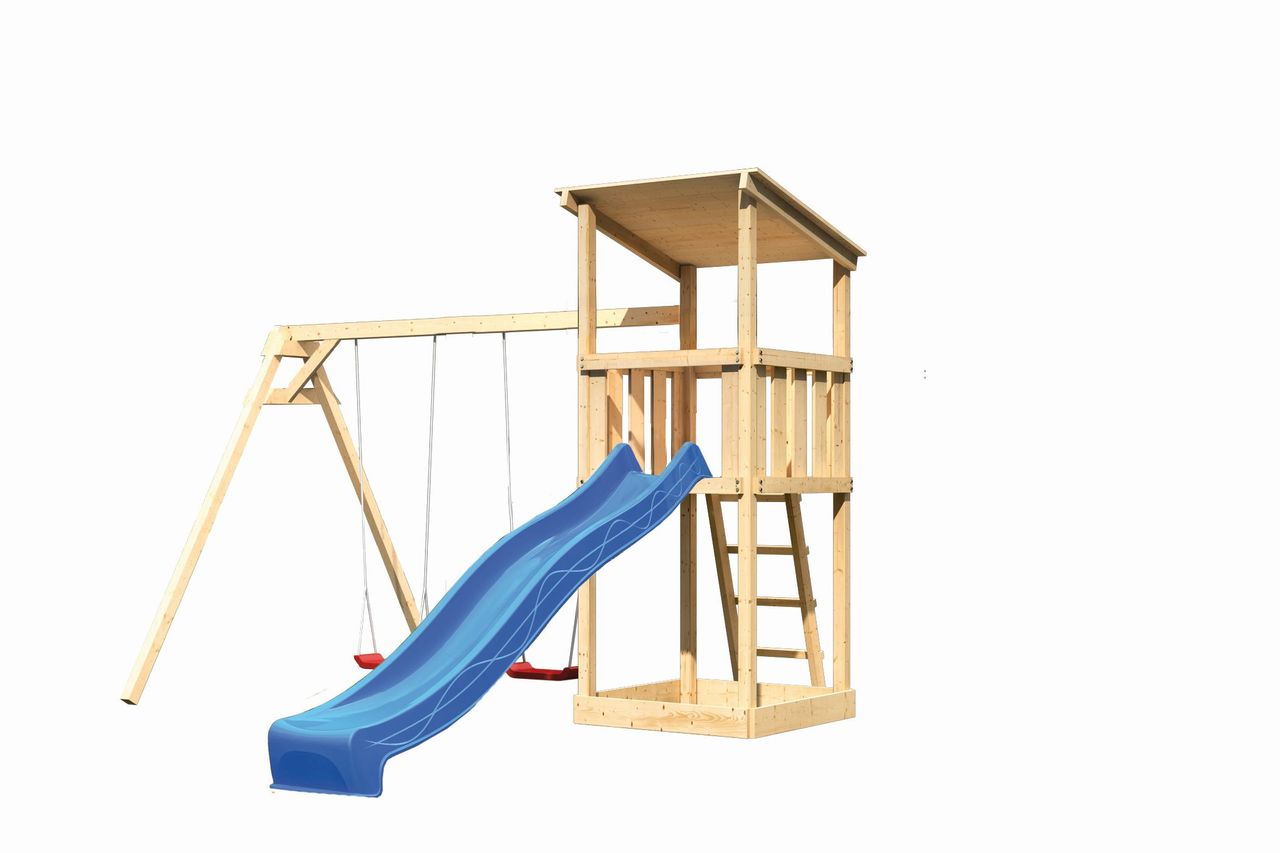 Karibu Spielturm Anna mit blauer Rutsche und Schaukelanbau