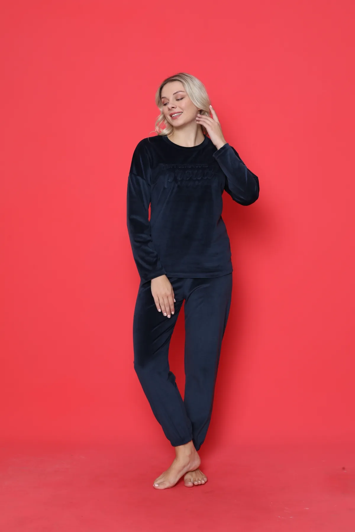 AHENGİM  Pyjama-Set für Jugendliche, französischer Samt, bedruckt, mit elastischen Beinen, für den Winter, saisonal, W20422249
