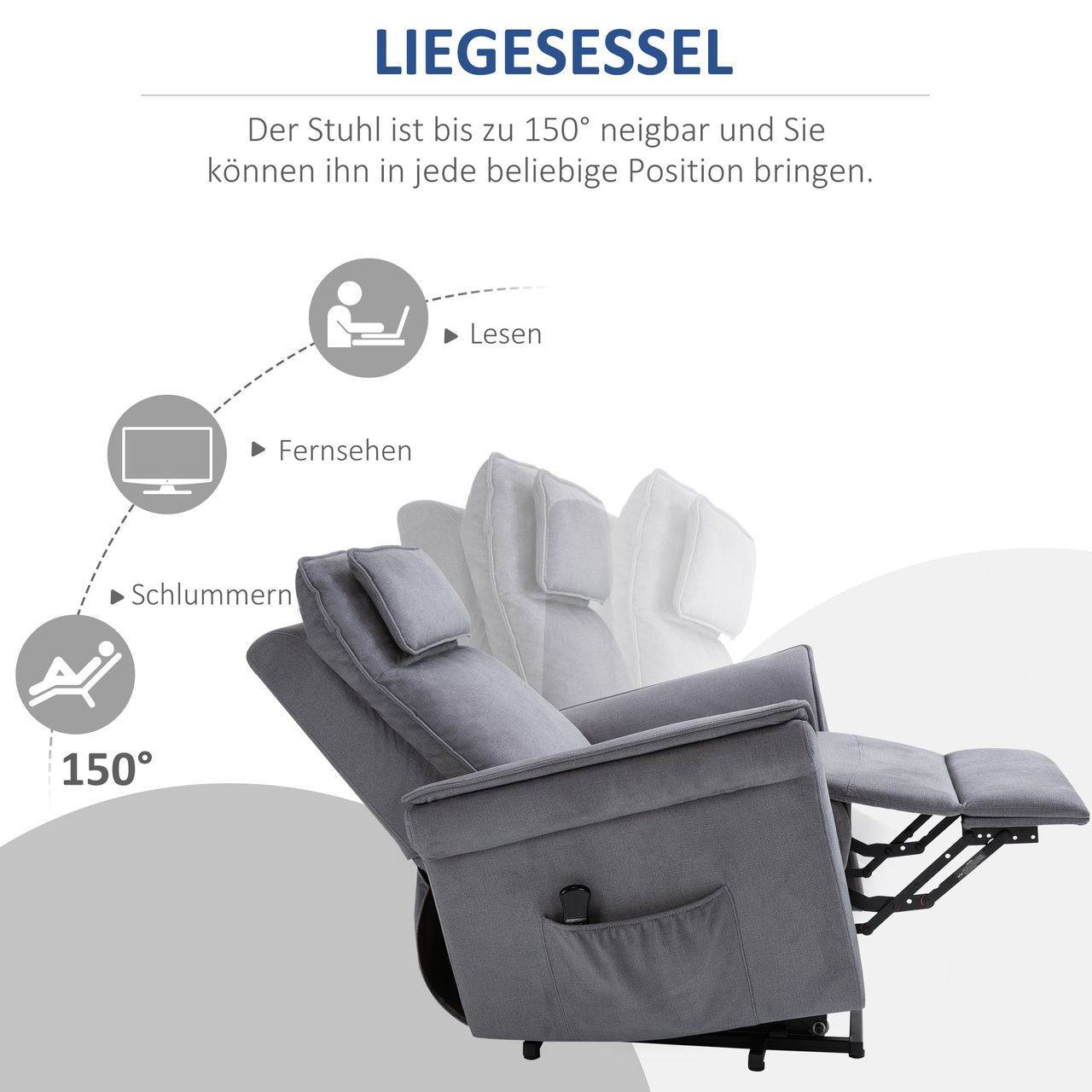 HOMCOM Sessel mit Aufstehhilfe Fernsehsessel Massagesessel Relaxsessel elektrisch Aufstehsessel mit Liegefunktion Leinen-Touch Stahl Grau 86 x 95 x 106 cm