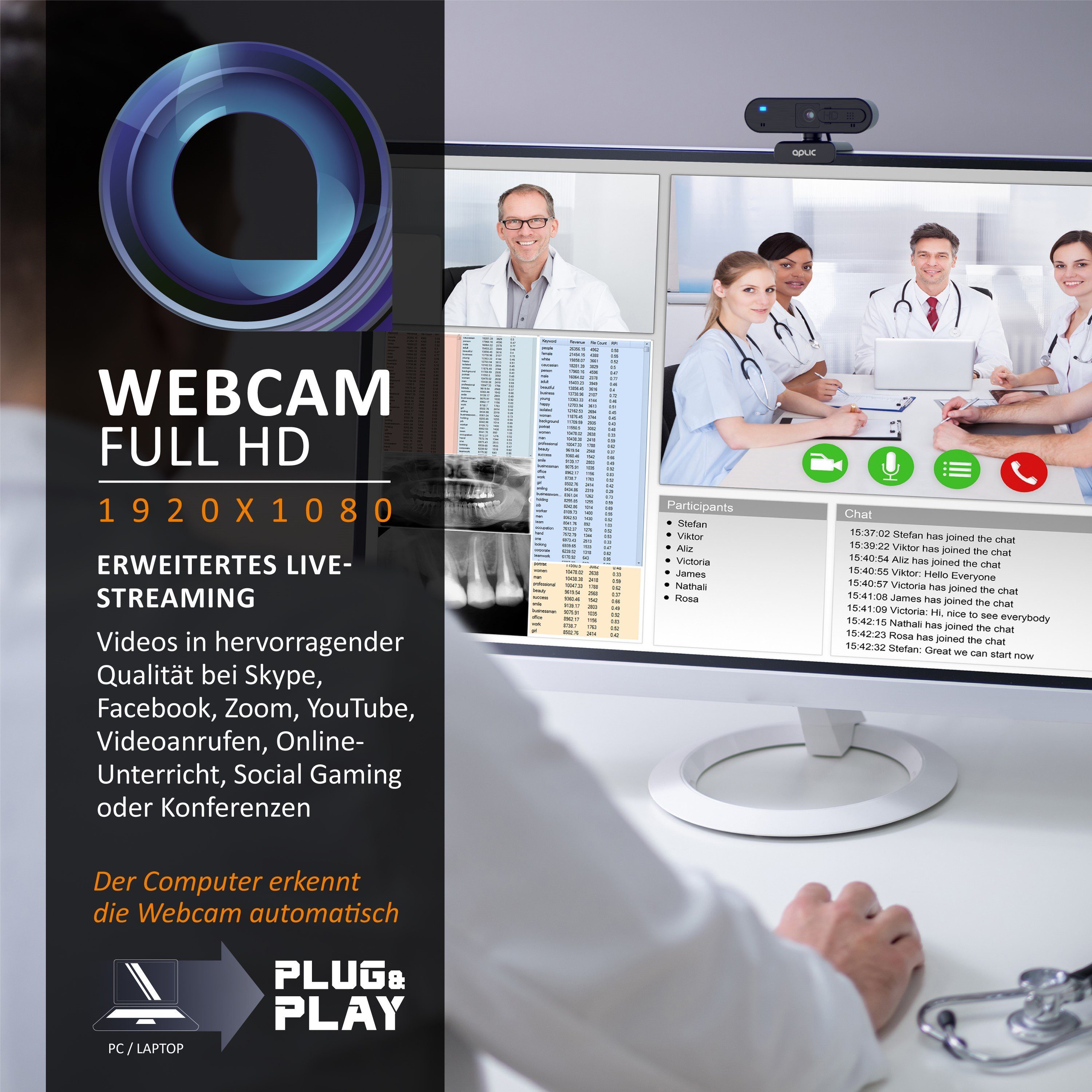 Aplic Full HD-Webcam (Full HD, 1920x1080@30Hz, Autofokus, Privacy Shutter Sichtschutz, Stereomikrofon)