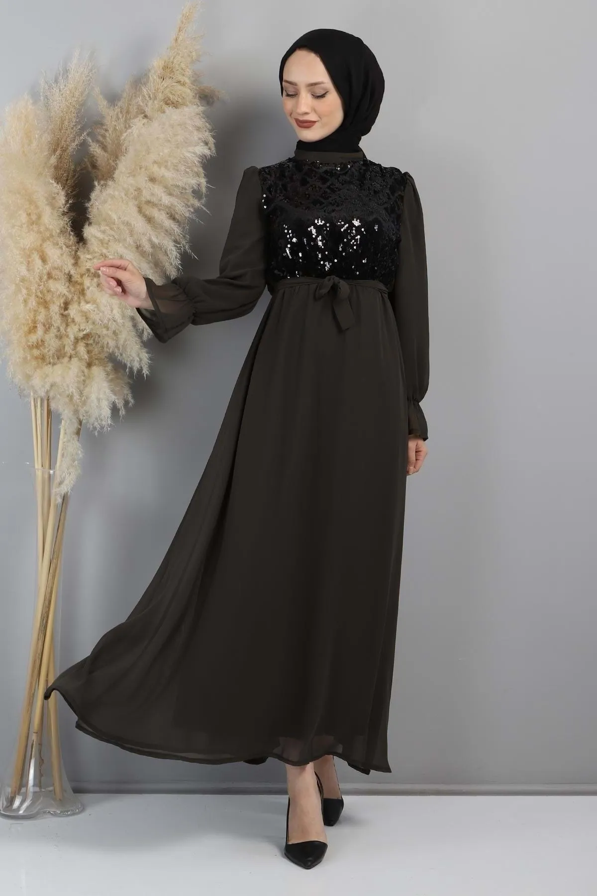 Modamihram  Abendkleid aus Chiffon mit Pailletten in Khaki