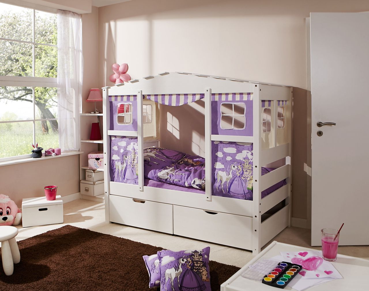 Ticaa Hausbett MINI Prinzessin Lila Var 4 - mit 2er Schubkästen - inkl. Matratze