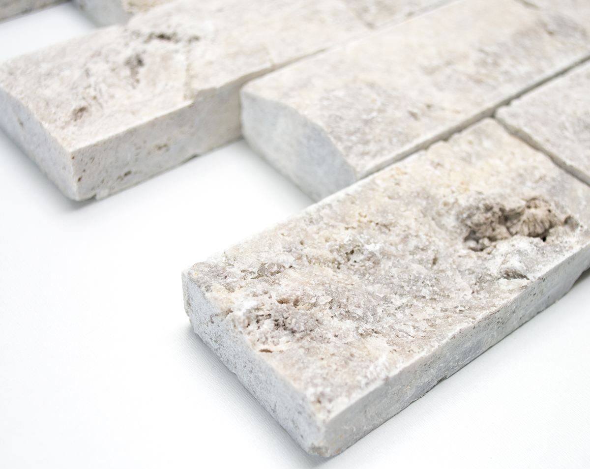 Mosani Mosaikfliesen Travertin Steinwand Steine Wand Naturstein hellgrau Brick Splitface
