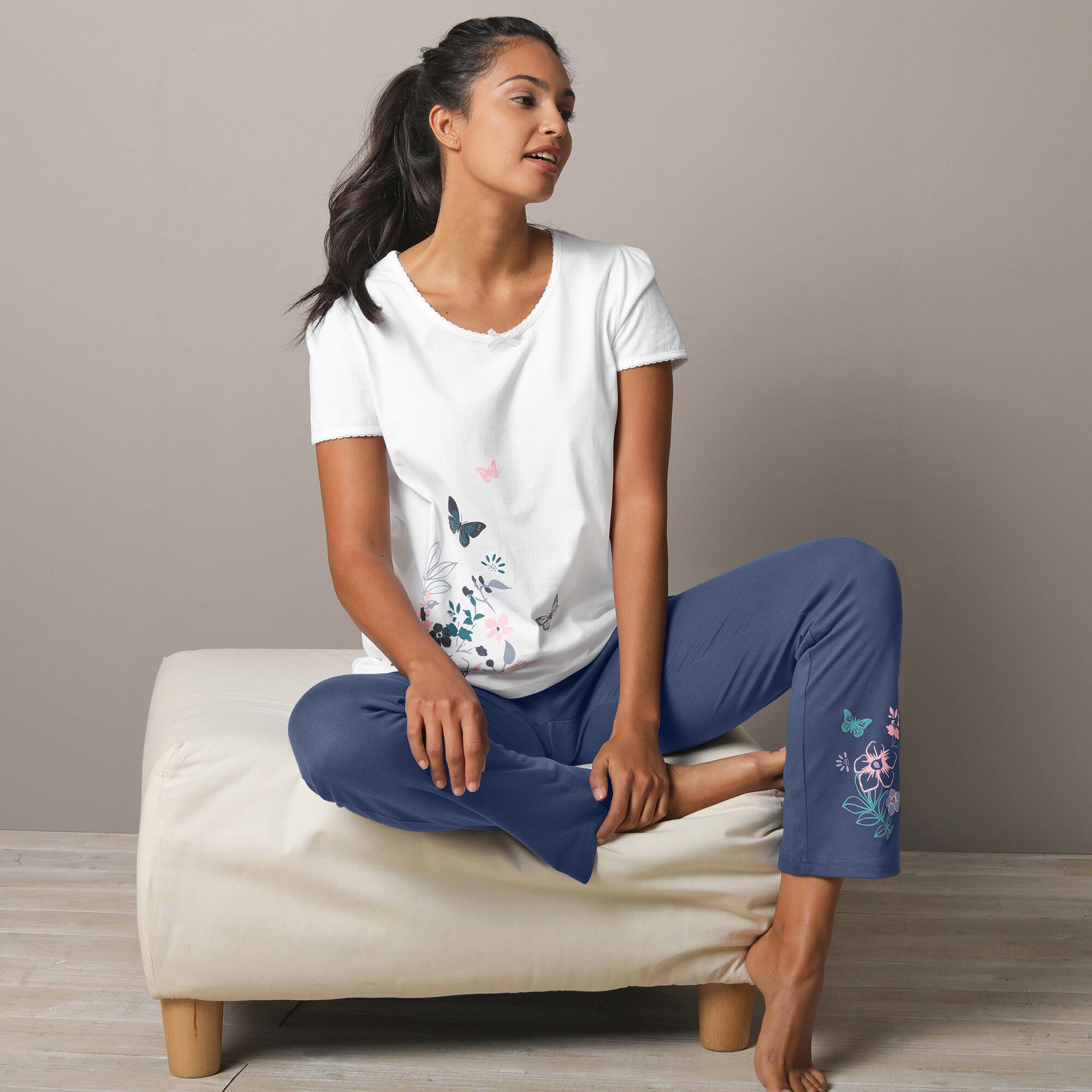 Pantalon imprimé bucolique placé