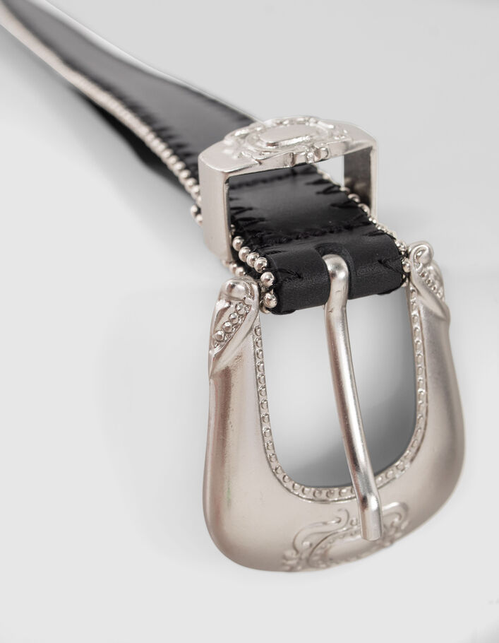Ceinture noire cuir microbilles et boucle Western Femme