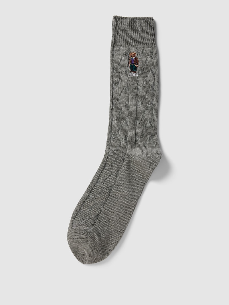 Socken mit Zopfmuster und Motiv-Stitching in mittelgrau meliert