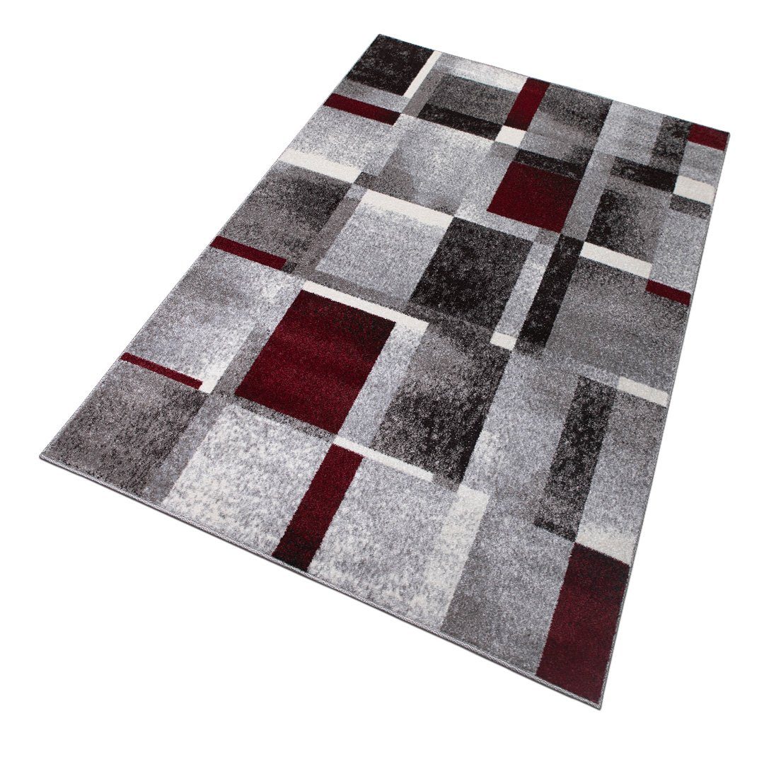 Teppich PHOENIX, oKu-Tex, Kurzflorteppich, Wohnzimmer, rechteckig, geometrisches Muster, Rechtecke, Grau Rot meliert, besonders weicher Kurzflor, Gesamthöhe: 1 cm, pflegeleicht
