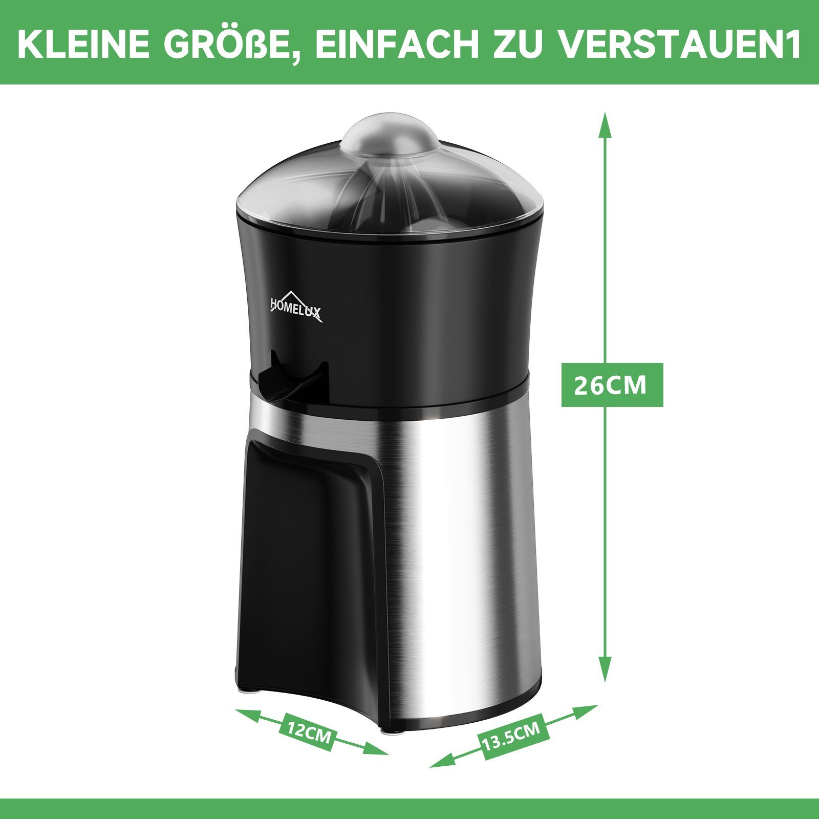 HOMELUX Zitruspresse Edelstahl Zitronenpresse Elektrisch, Mit 2 Kegel, 30,00 W, Saftpresse mit 2 Drehrichtungen, für unterschiedliche Fruchtgrößen