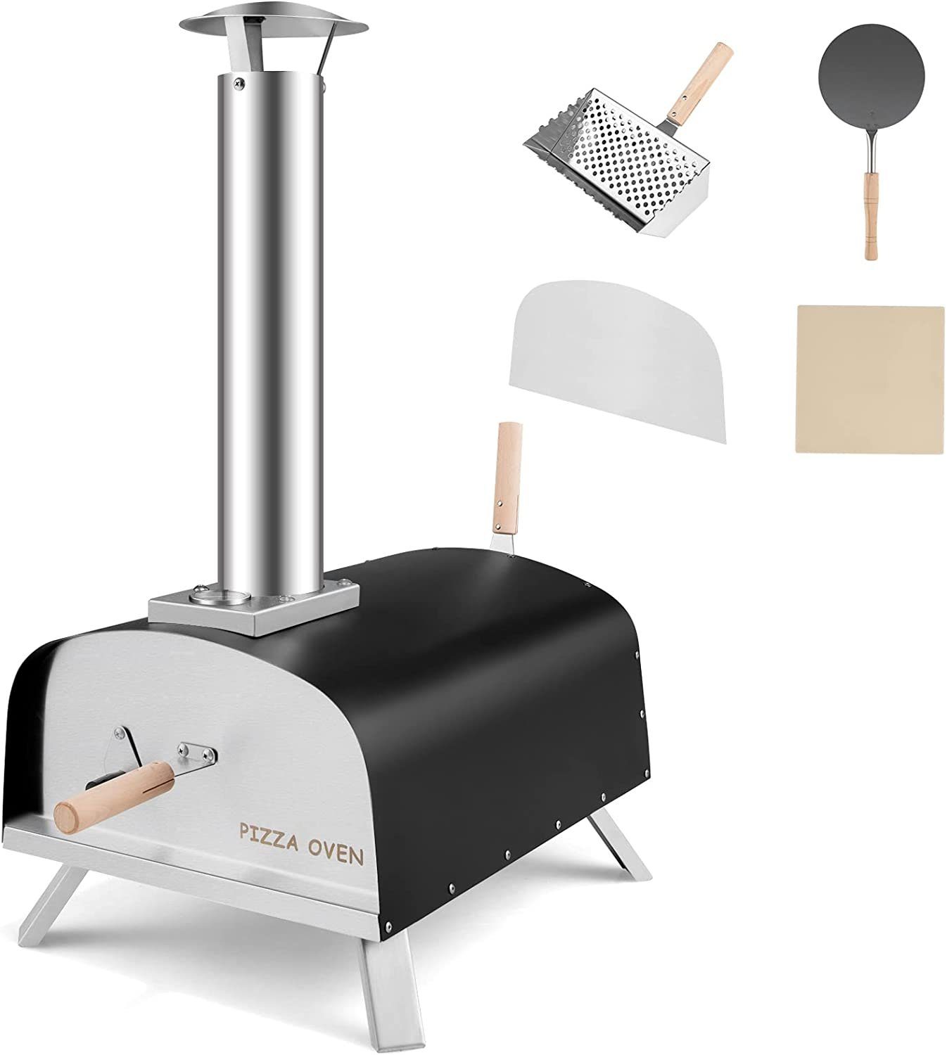 COSTWAY Pizzaofen, inkl. Pizzaschieber & Pizzastein, Gas & Holz, bis zu 450 °C