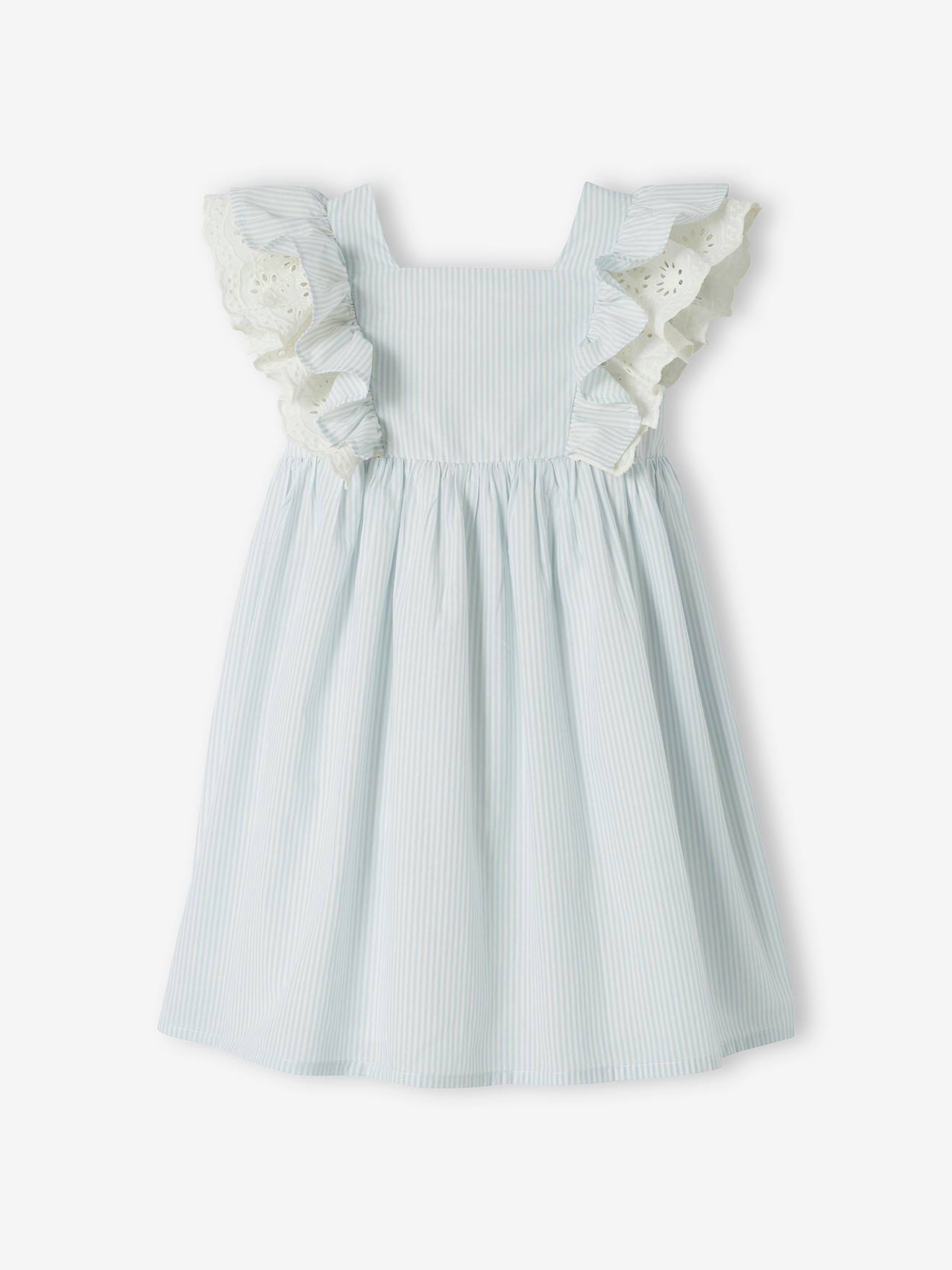 Vertbaudet Festliches Mädchen Kleid, Volantärmel - blau gestreift