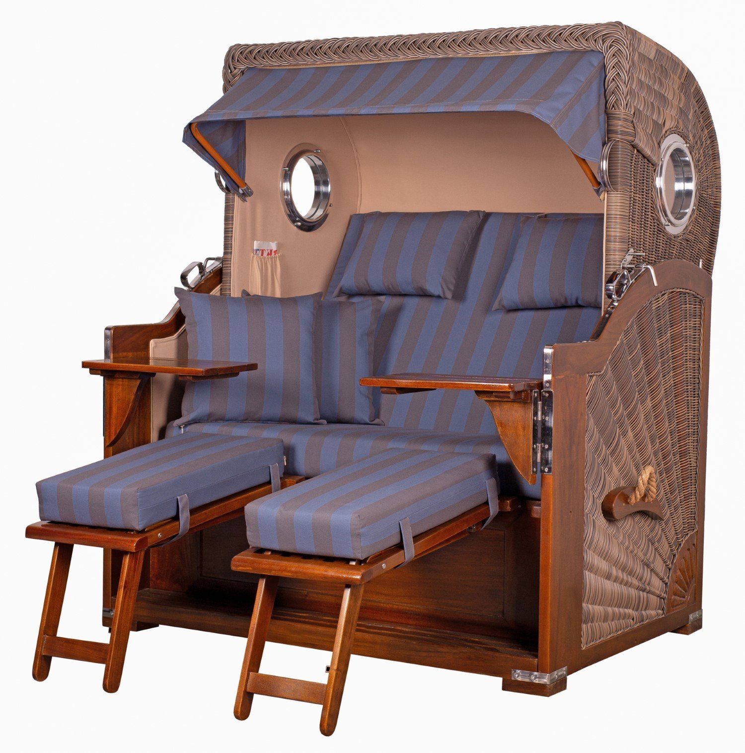 bene living Strandkorb Königssee 2,5-Sitzer Mahagoni, PE grau, Modell 582, BxTxH: 142x95x170 cm, Volllieger ca. 175 Grad, Ostsee-Strandkorb, inkl. Liftersystem und Bullaugen