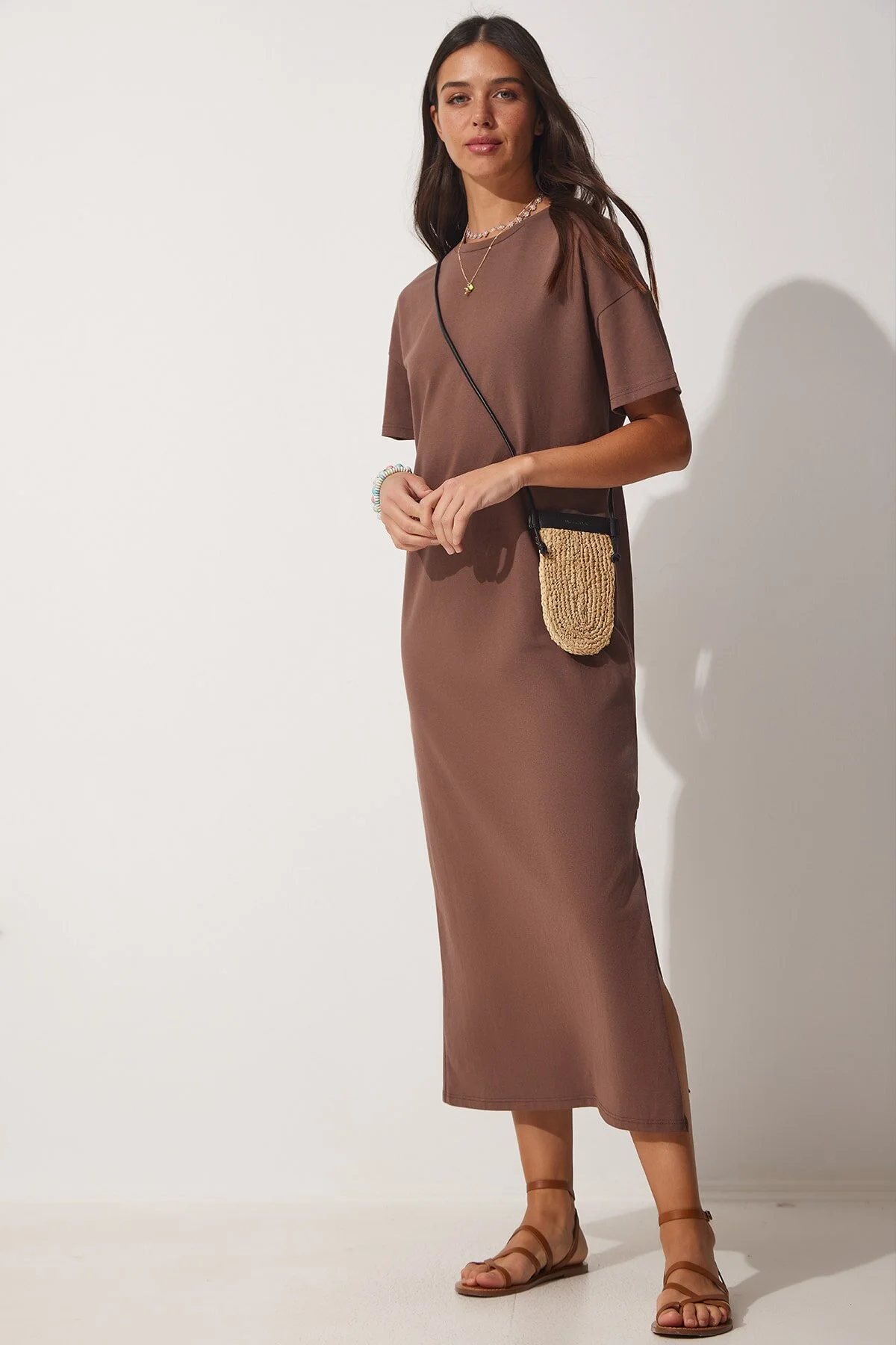 Happiness İstanbul  Damen-Sommerkleid aus gekämmter Baumwolle aus brauner Baumwolle UB00080