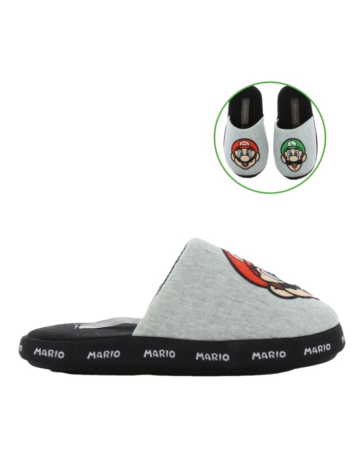 Super Mario Hausschuhe mit Super Mario und Luigi Motiv, in Grau, Schlupfschuh günstig kaufen