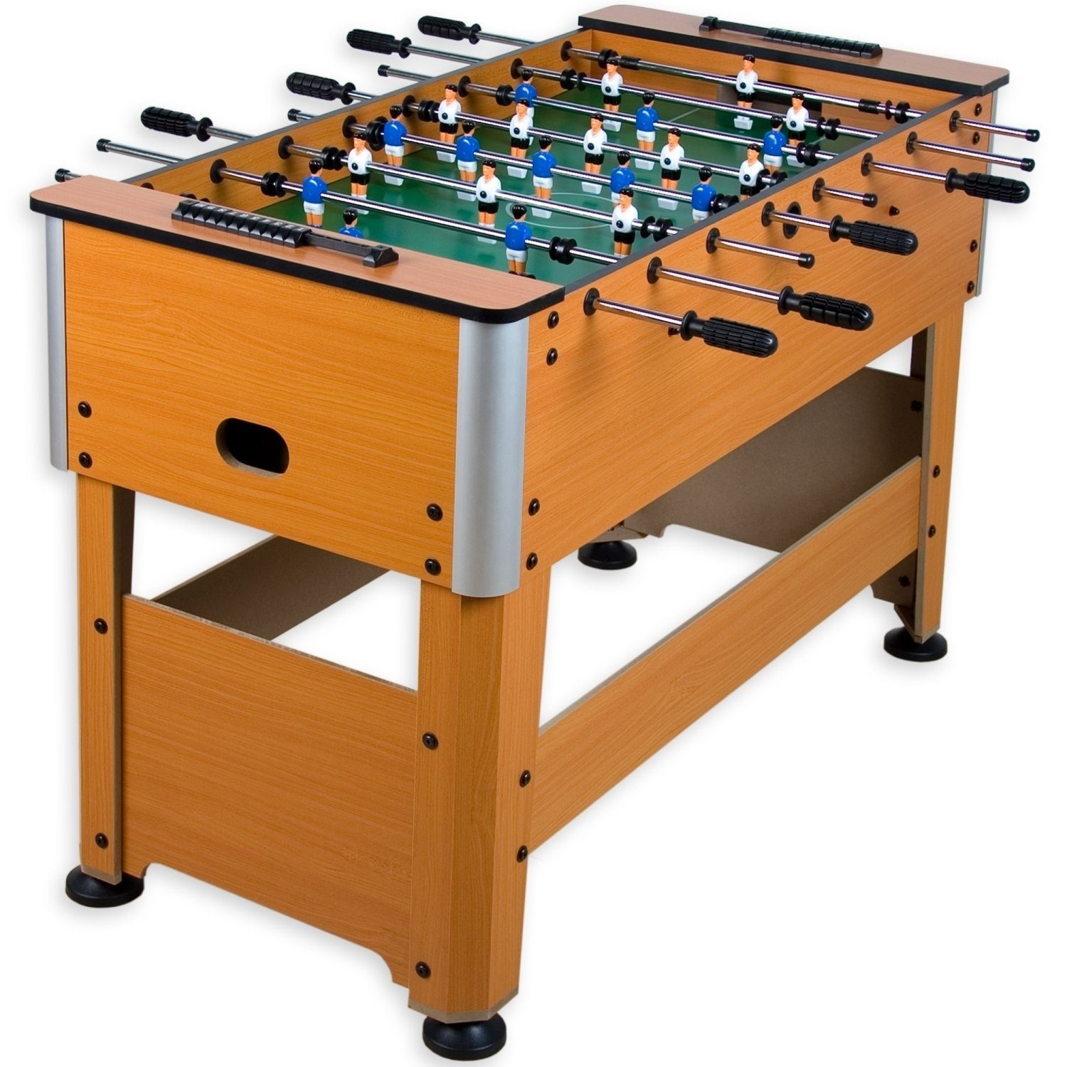 GAMES PLANET Kickertisch Tischfussball „Manchester“ Buche inkl. Zubehör Set, höhenverstellbare Füße, nahtlos hochgezogene Spielfeldecken, Tischkicker, Kicker, Kickertisch