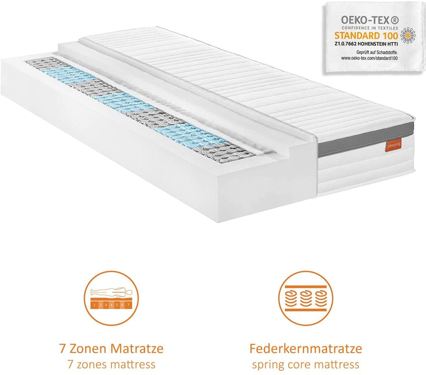 Boxspringmatratze Premium 1000er Federkernmatratze, 7-Zonen, Kaltschaumauflage, sleepling, waschbarer Bezug, für Allergiker geeignet