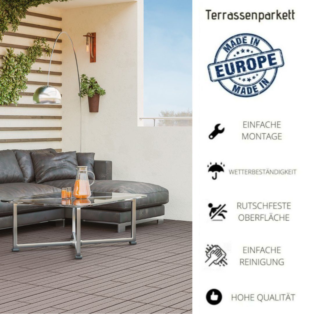 Plastkon Klickfliesen Balkonfliesen Terrassenfliesen Klickfliese 3 Größe Graphit Grau SET, Frostbeständig, Komplettbausatz, wetterfest, Rutschfeste Oberfläche, leicht zu reinigen, einfach zu installieren, Frostsicher